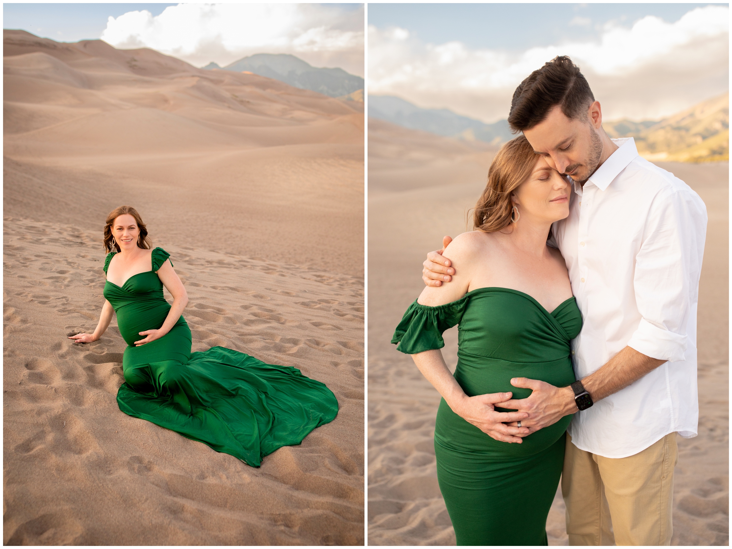 woman sitting in the sand in a green maternity dress during Colorado pregnancy photo shoot 