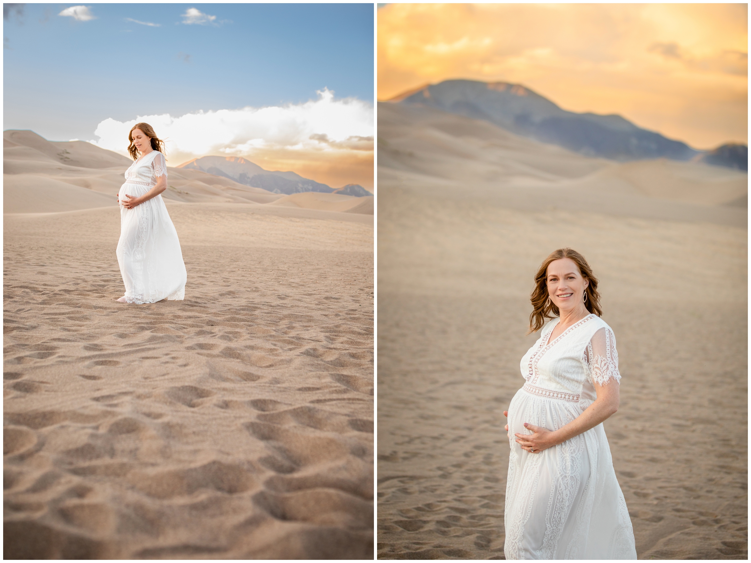 woman posing at the sand dunes at sunset during southern Colorado maternity pictures 