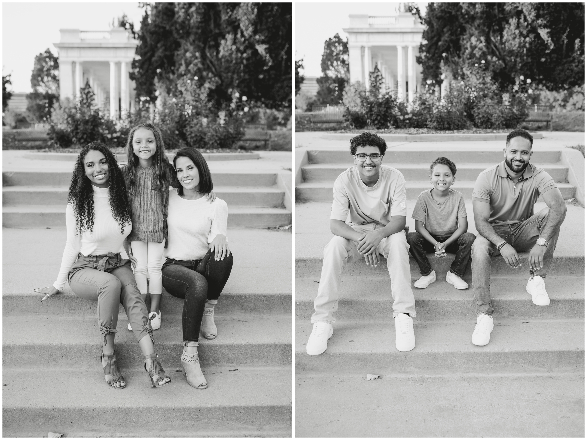 family posing in front of pavilion at Cheesman Park during Denver photography session 