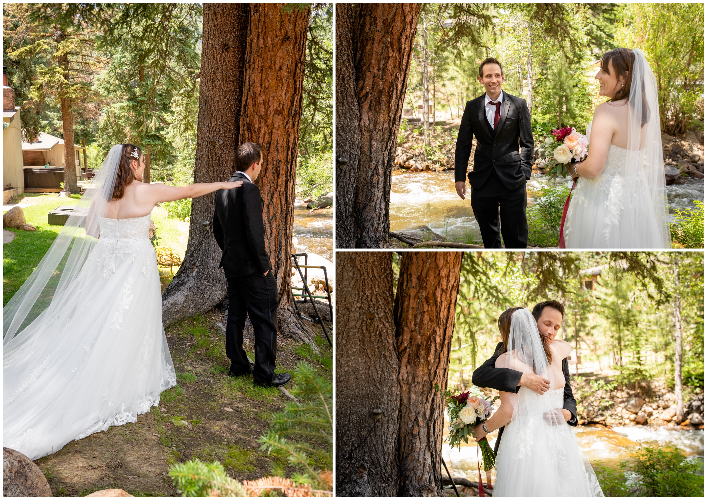 bride and groom first look at cabin next to river in Estes Park Colorado 