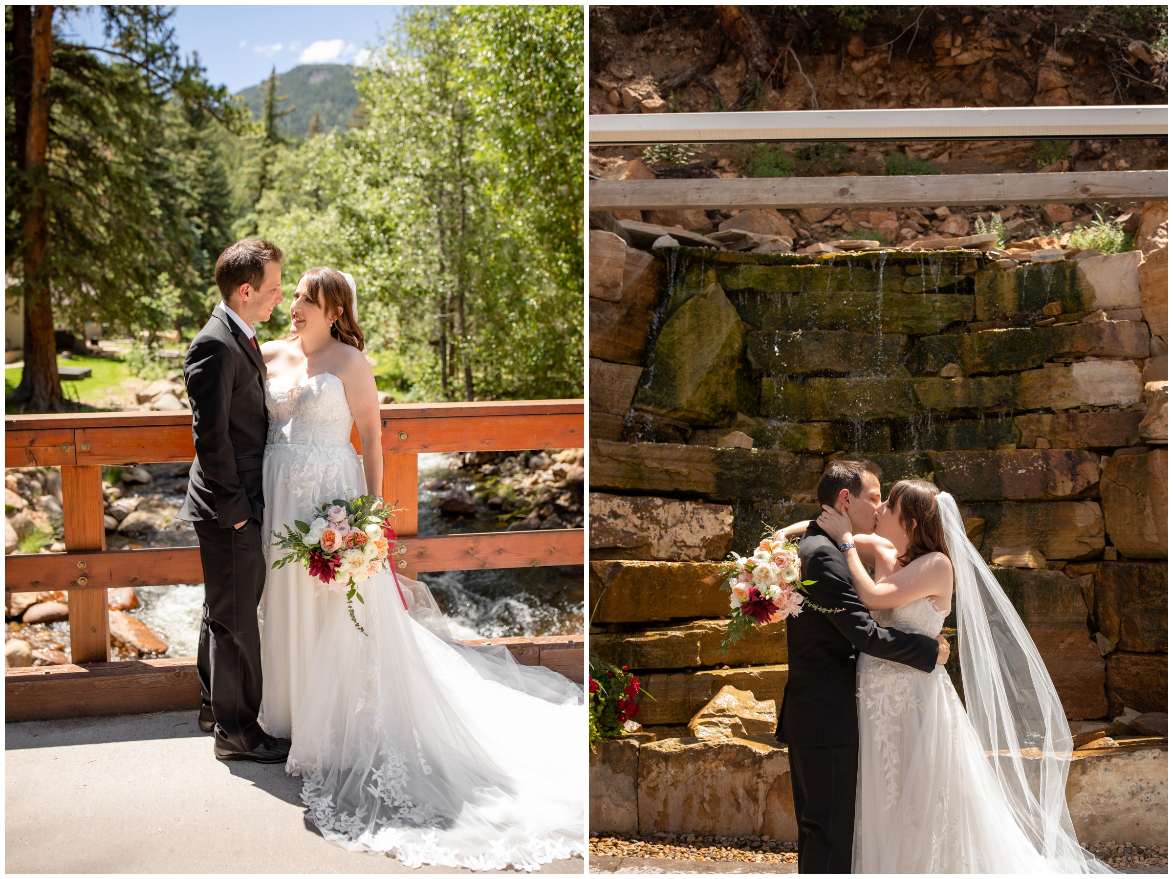 couple posing in front of the river in Estes Park during inn at fall river wedding pictures 