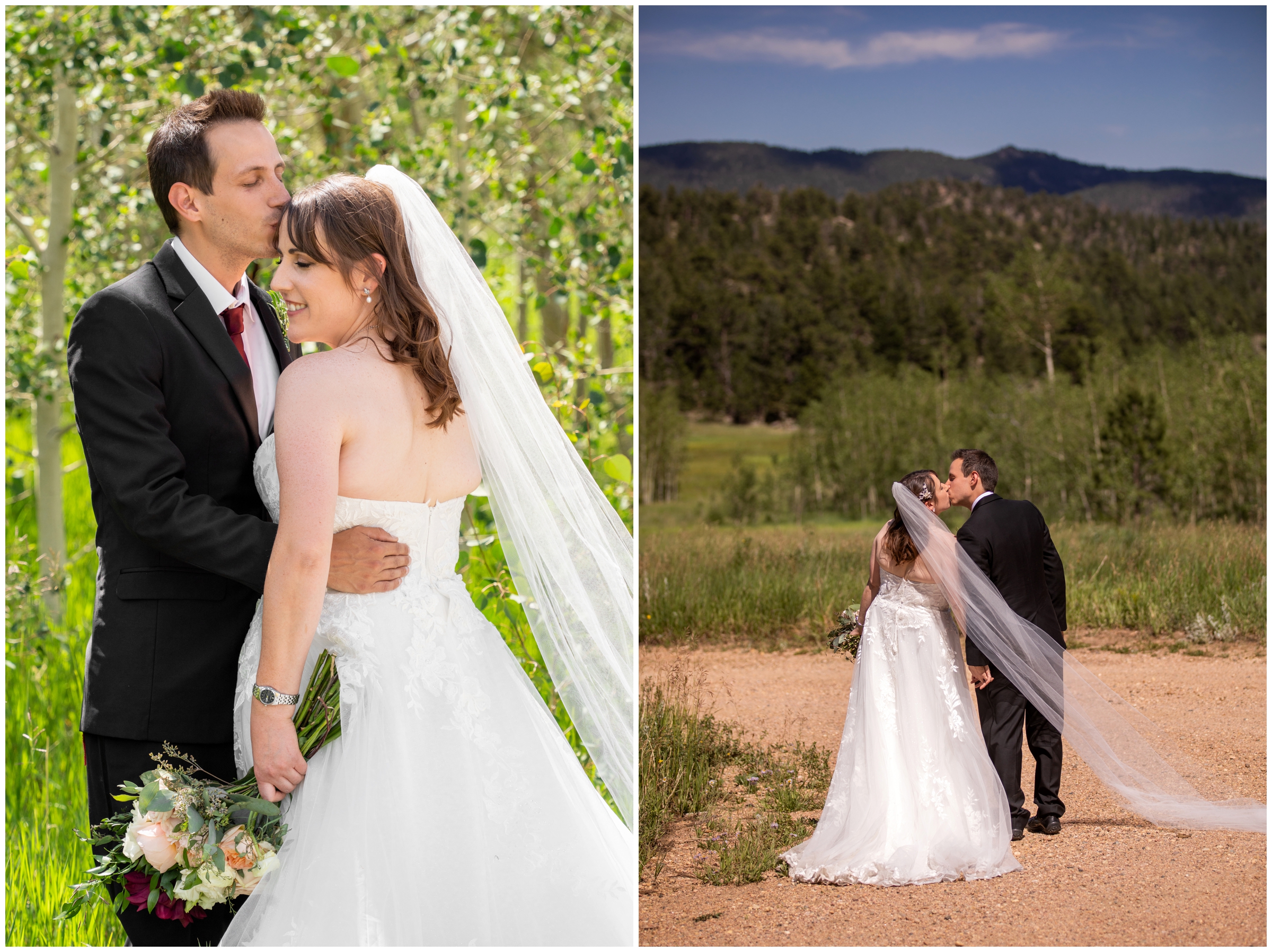 couple kissing with mountains in background during Hermit Park Estes Park wedding photography 