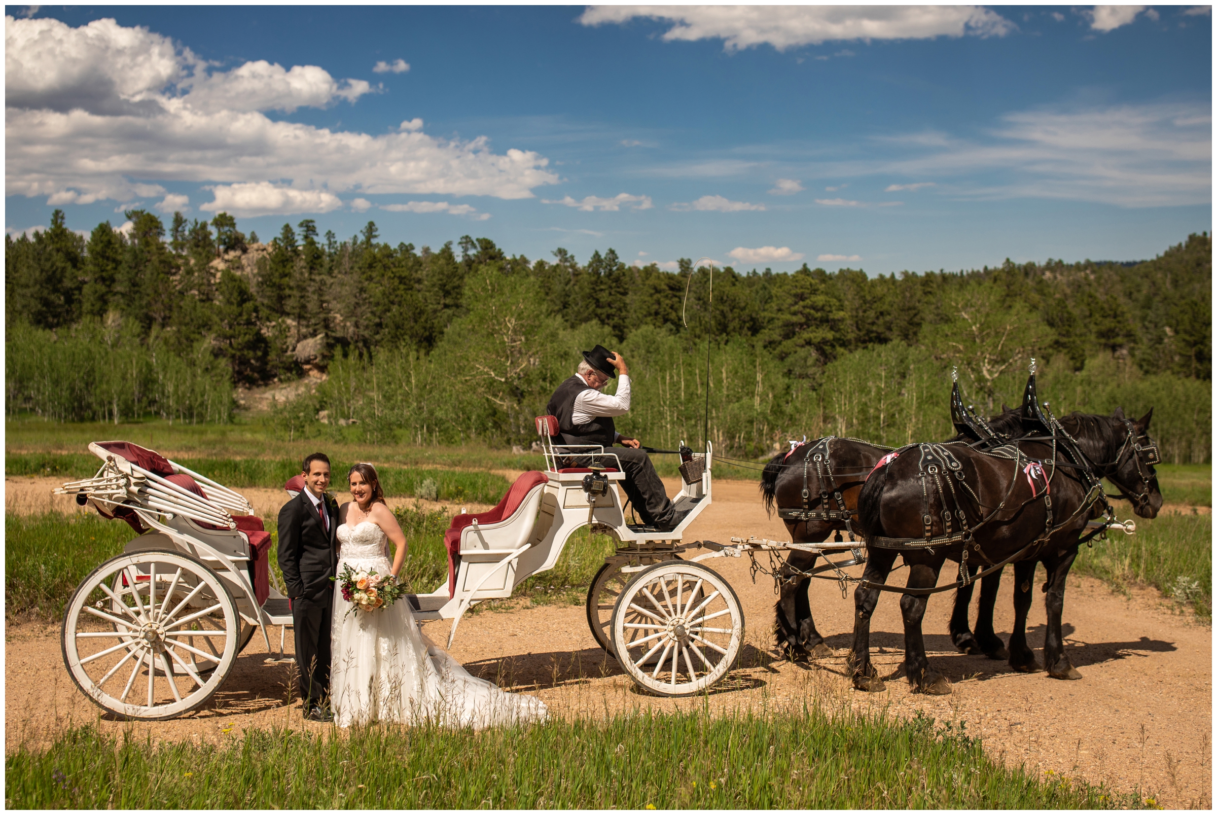 couple posing in front of horse drawn carriage during Estes Park summer wedding photos at Hermit Park by Plum Pretty Photography 