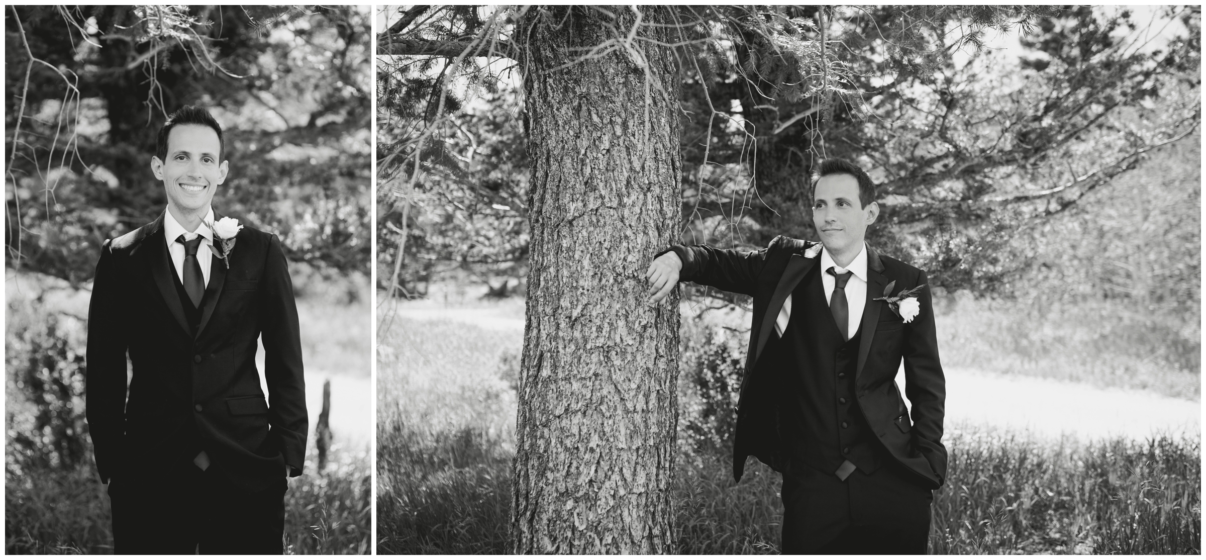 groom leaning against a tree during Colorado forest wedding pictures 