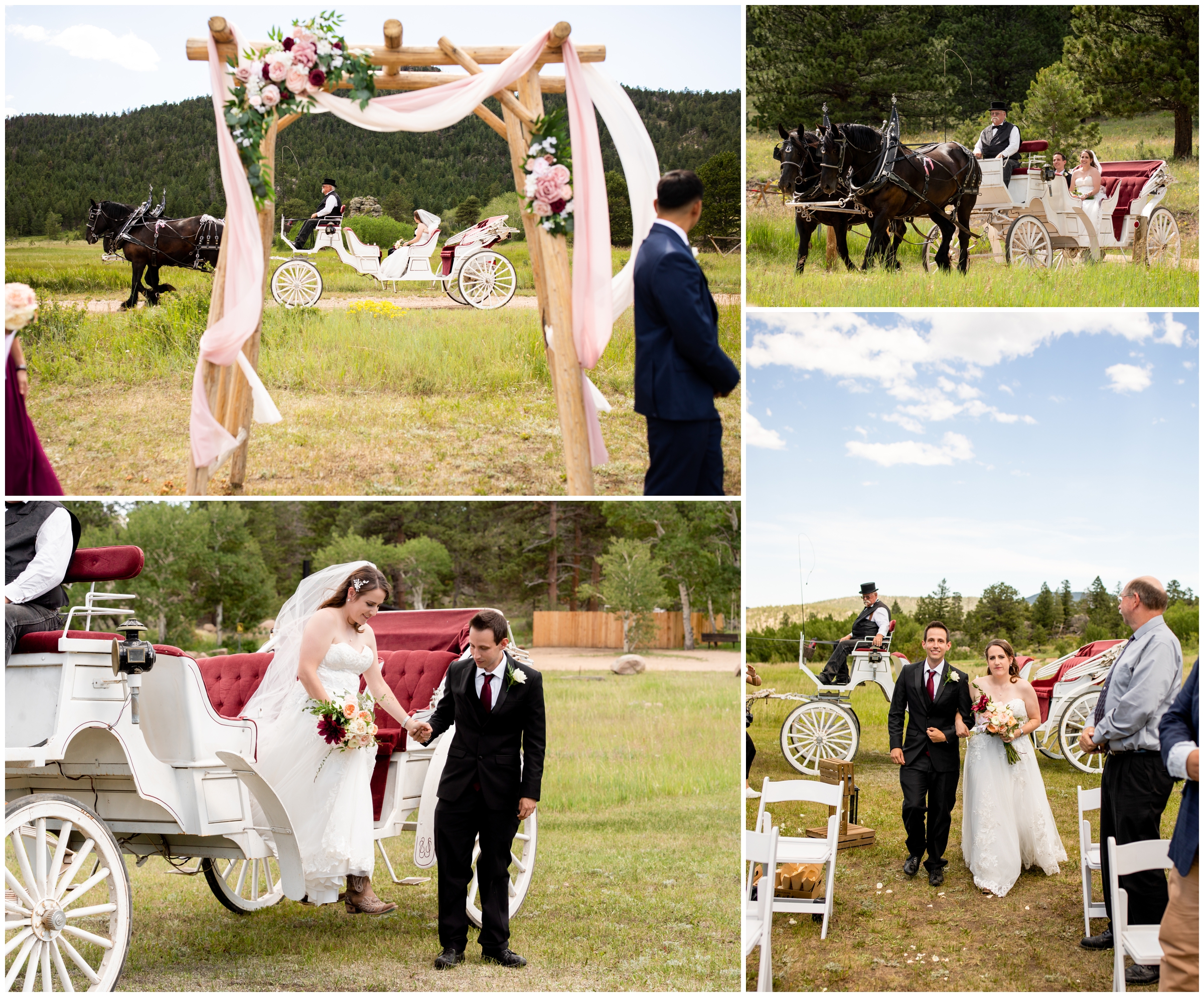 couple riding in on horse drawn carriage for Estes Park mountain wedding ceremony at Hermit Park Open Space 