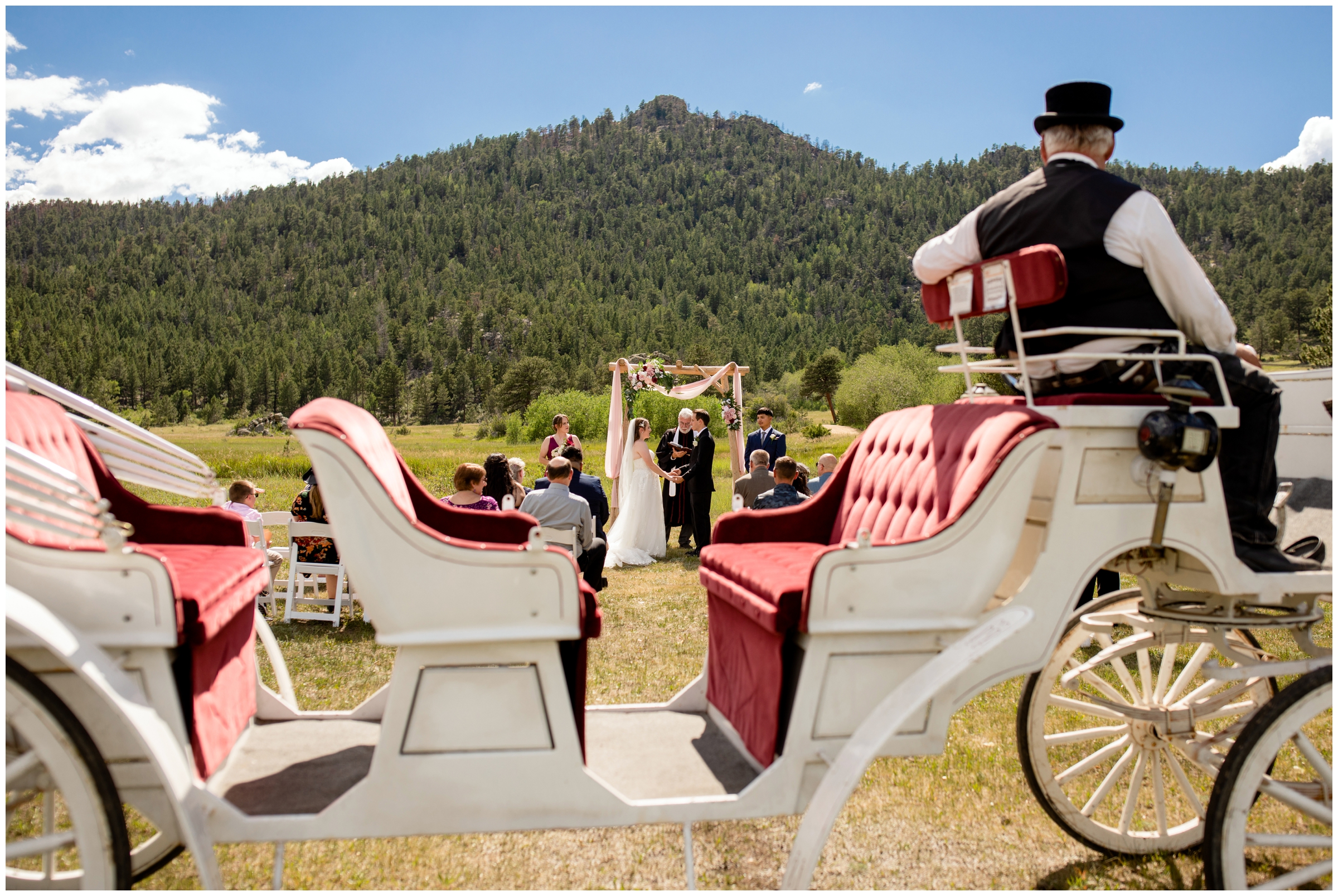 horse drawn carriage at Estes Park Colorado outdoor summer wedding ceremony 