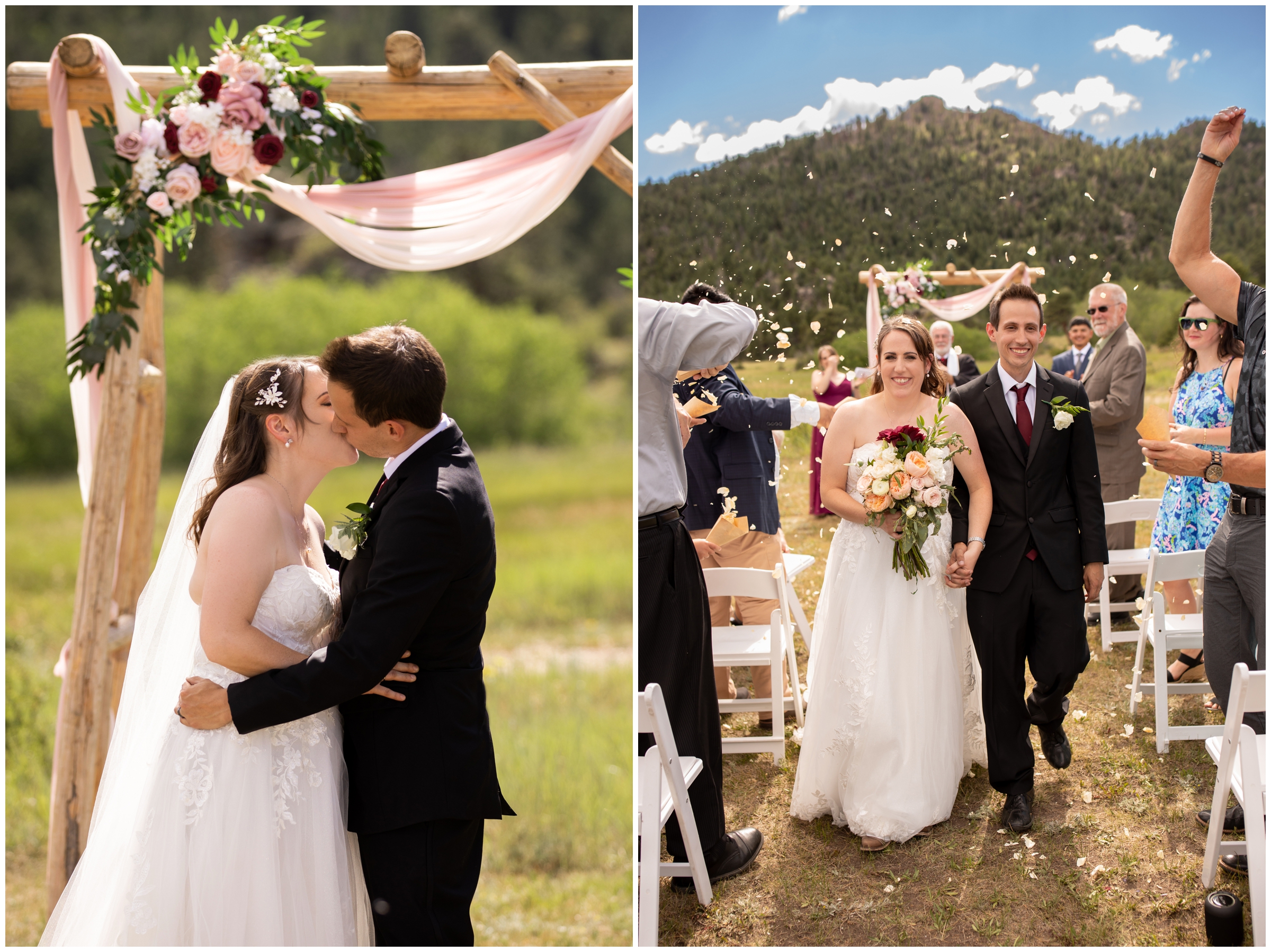 first kiss during outdoor wedding ceremony at Hermit Park Open Space by Estes Park photographer Plum Pretty Photography 