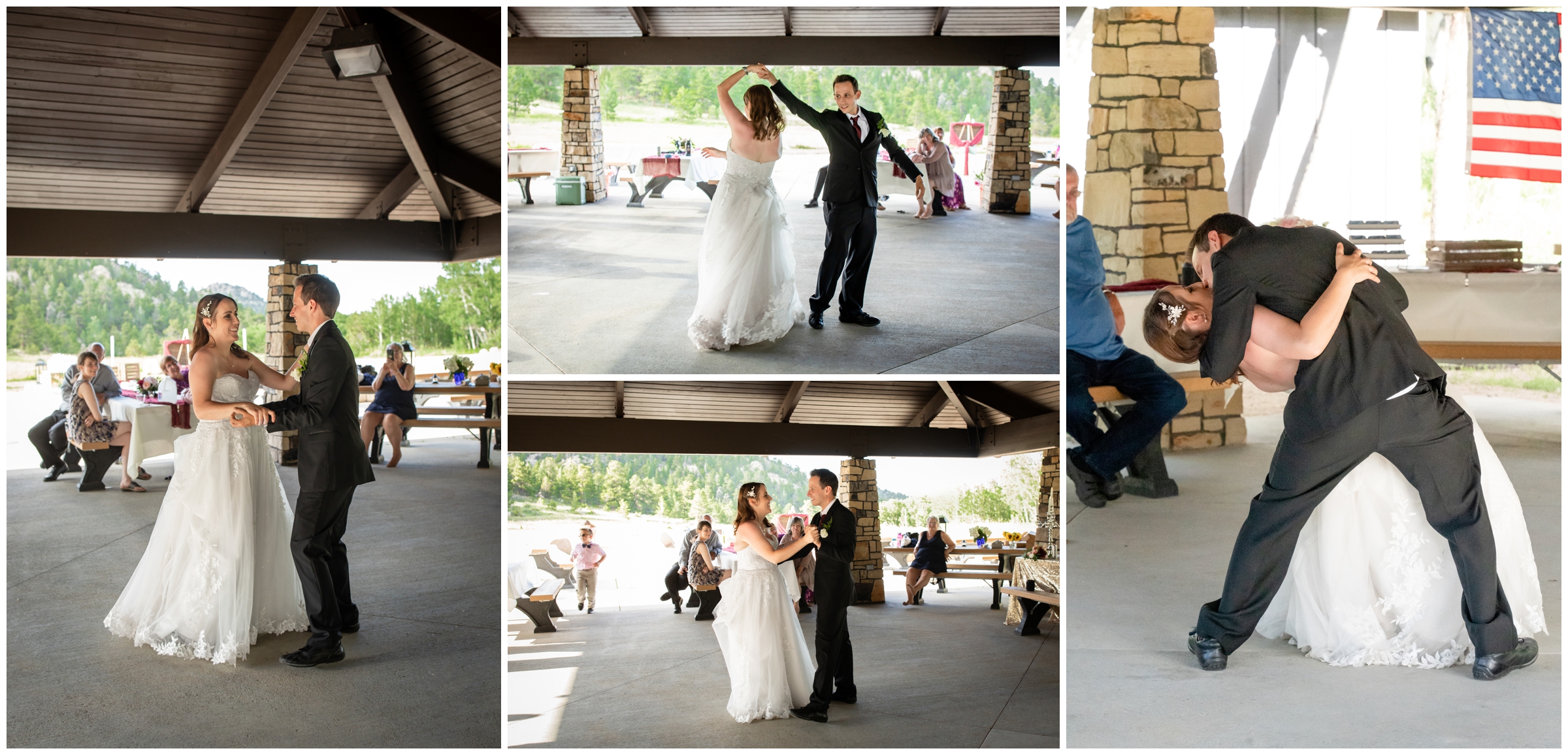 couple dancing under pavilion at Hermit Park Open Space reception
