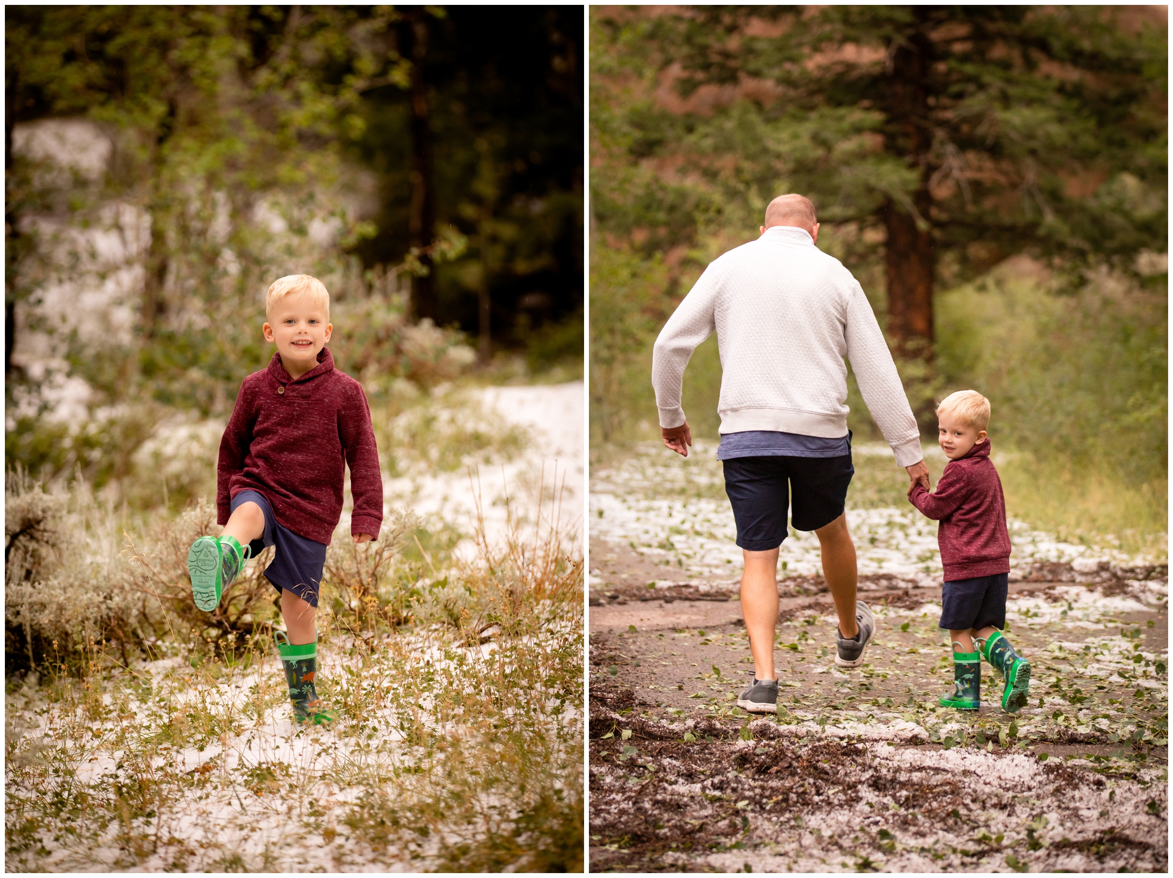 little boy and dad holding hands and walking during candid family photography session in Laramie