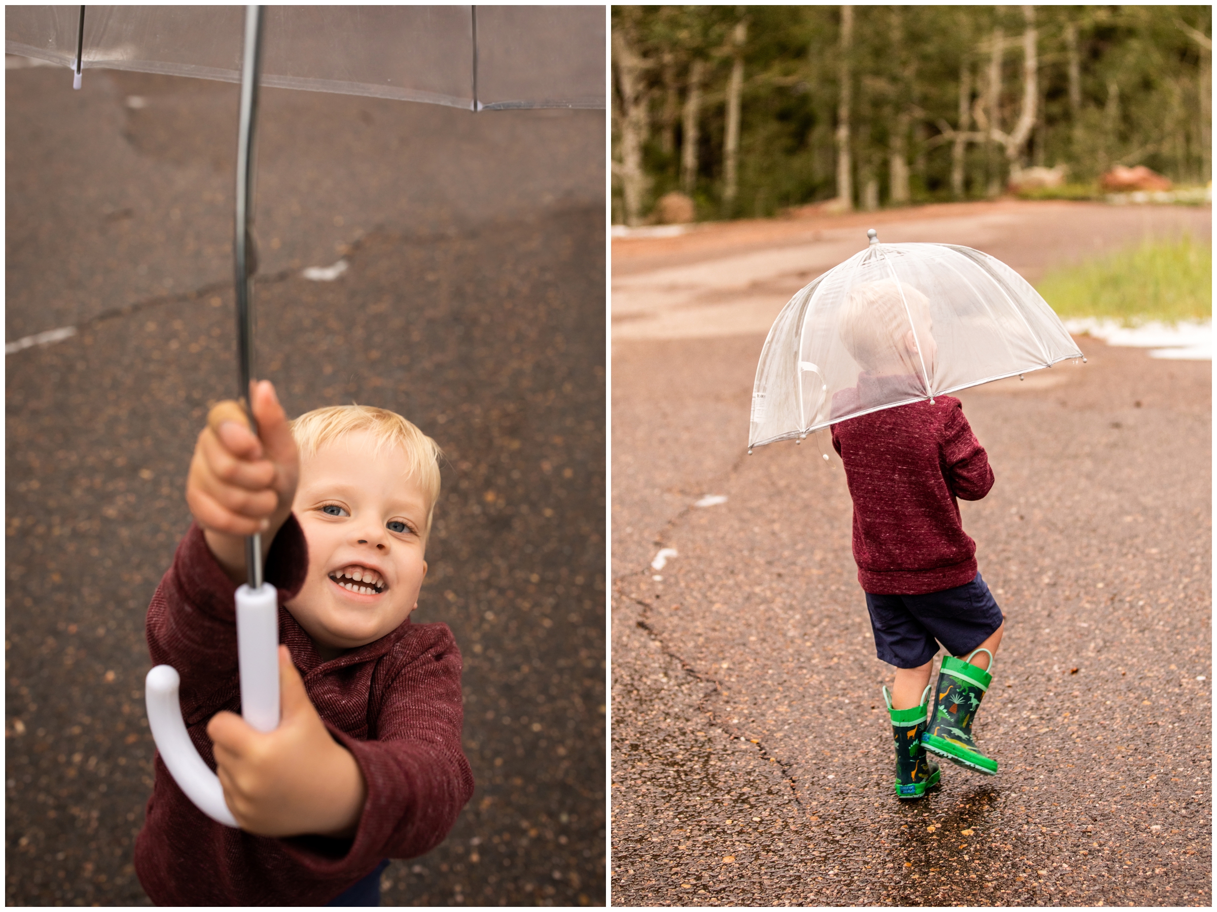 little boy walking under umbrella during Wyoming family photos at Vedauwoo in Laramie