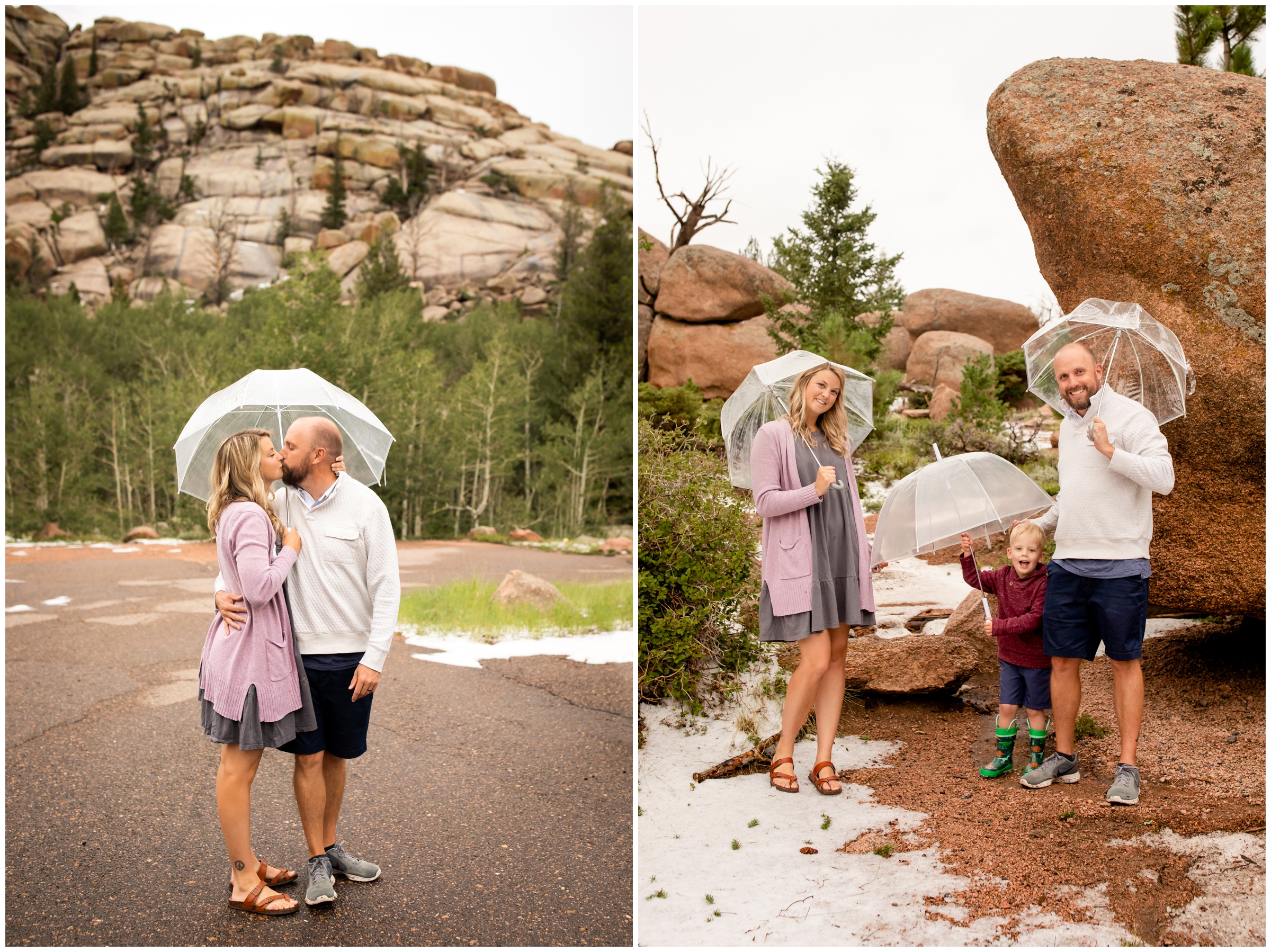 family posing under clear umbrellas during rainy Wyoming family photos at Vedauwoo