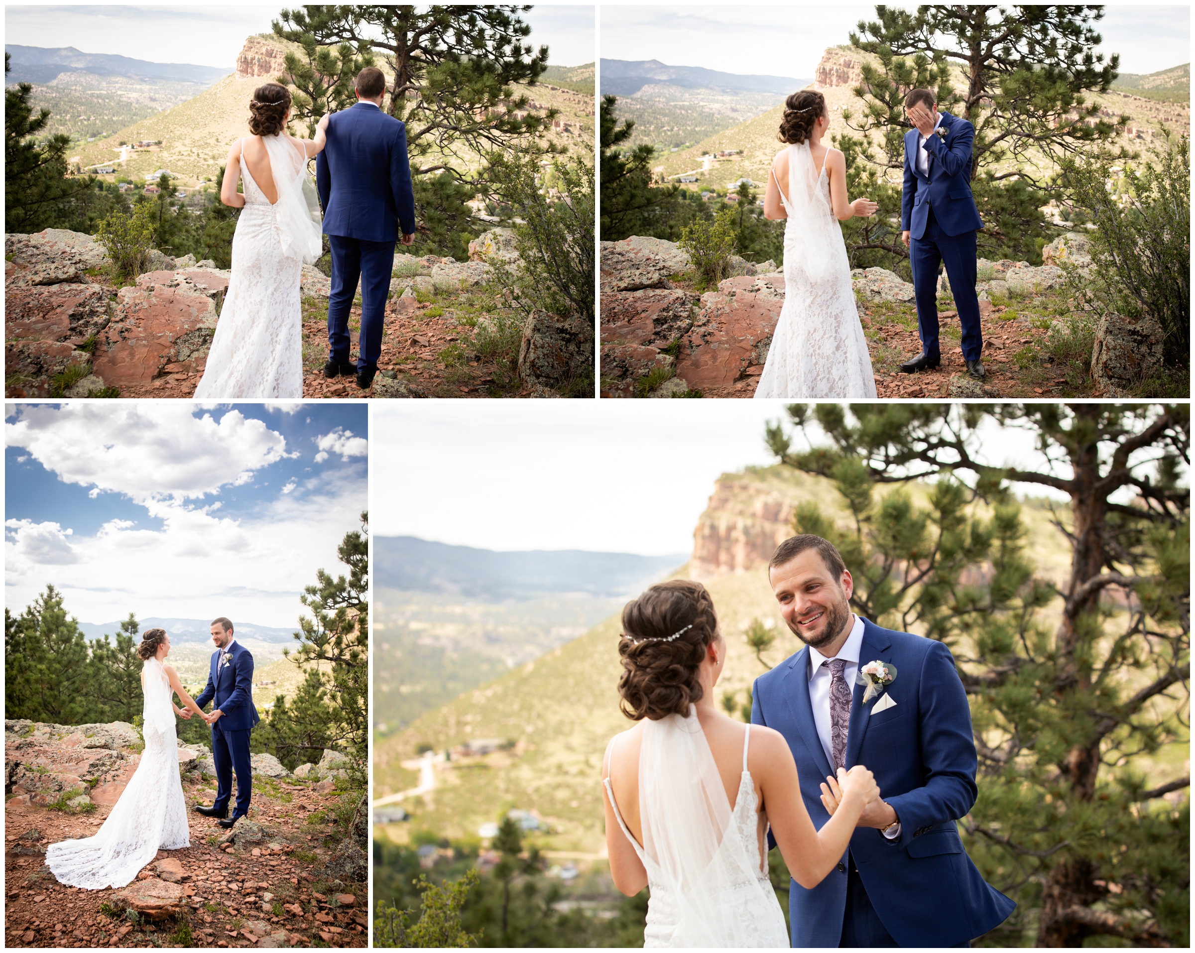 bride and groom first look on top of the mountain at Lionscrest Manor Colorado wedding 