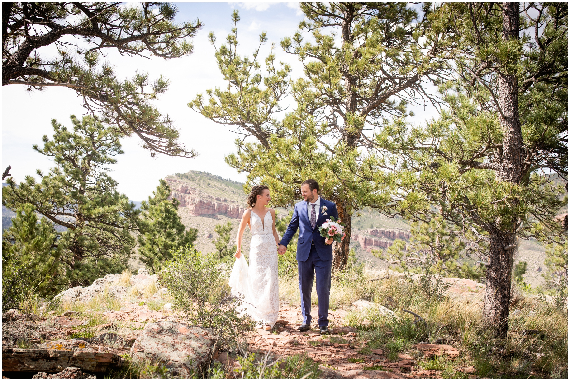 couple holding hands and walking during candid wedding photos in Lyons Colorado 
