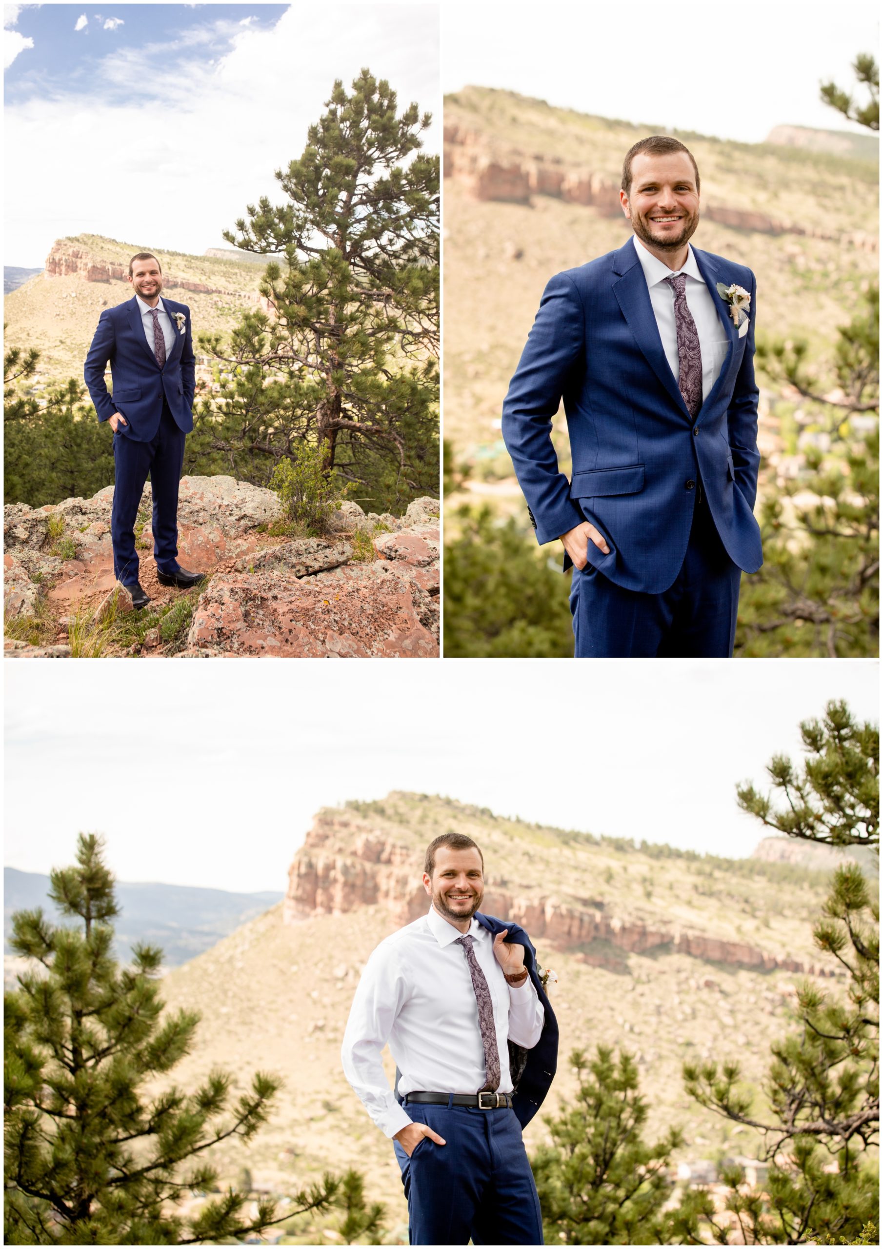 Colorado groom in blue suit posing for summer wedding portraits 