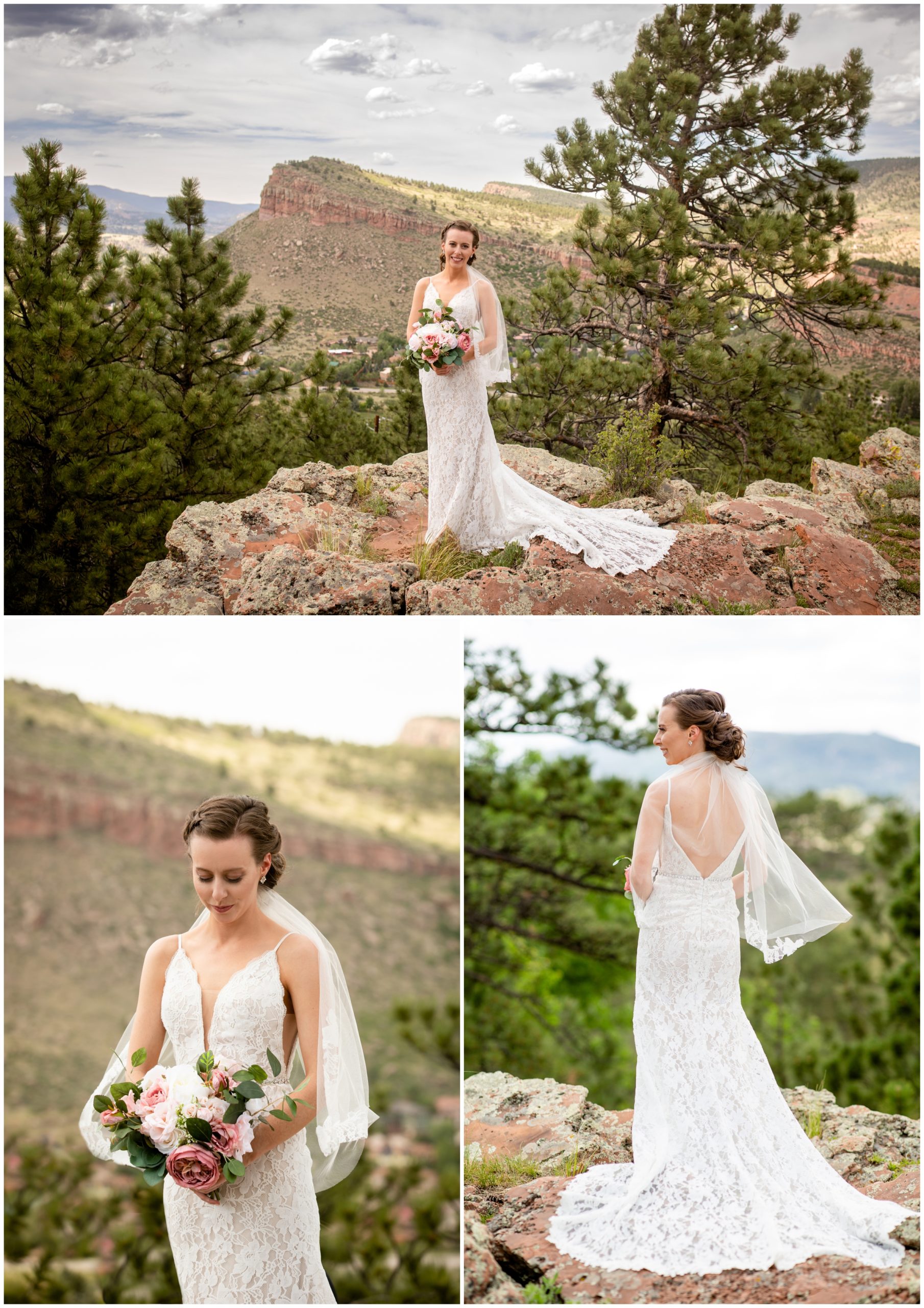 bride posing on the edge of a cliff during Lionscrest Manor Colorado wedding photos