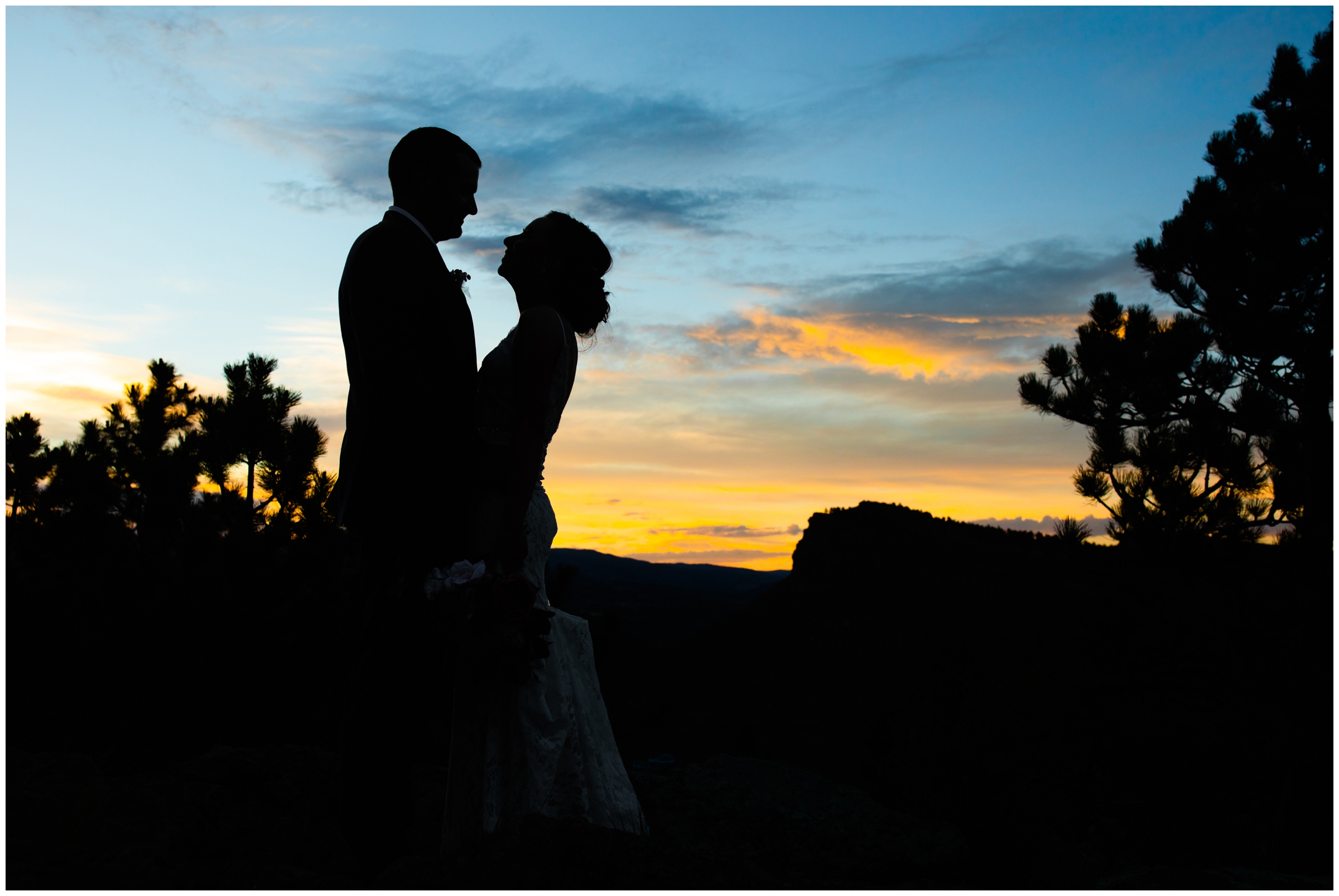 colorful silhouette wedding portraits at sunset by Colorado photographer Plum Pretty Photography