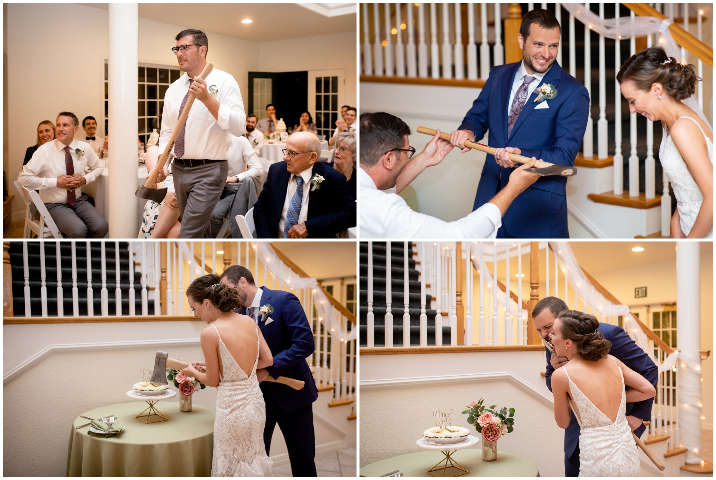 couple cutting wedding cake with an ax 