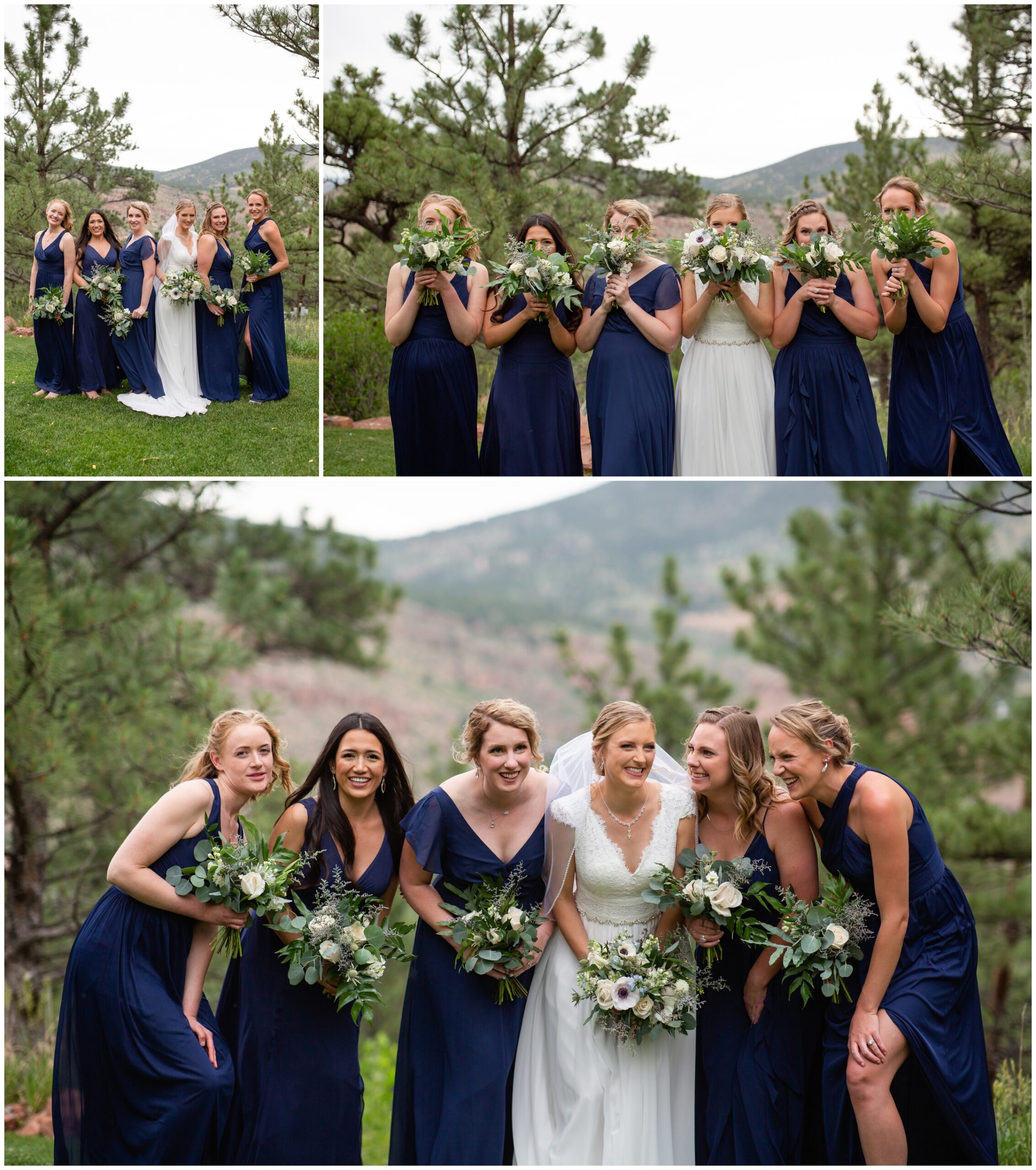 bridesmaids covering face with bouquet at Lionscrest Manor summer wedding 