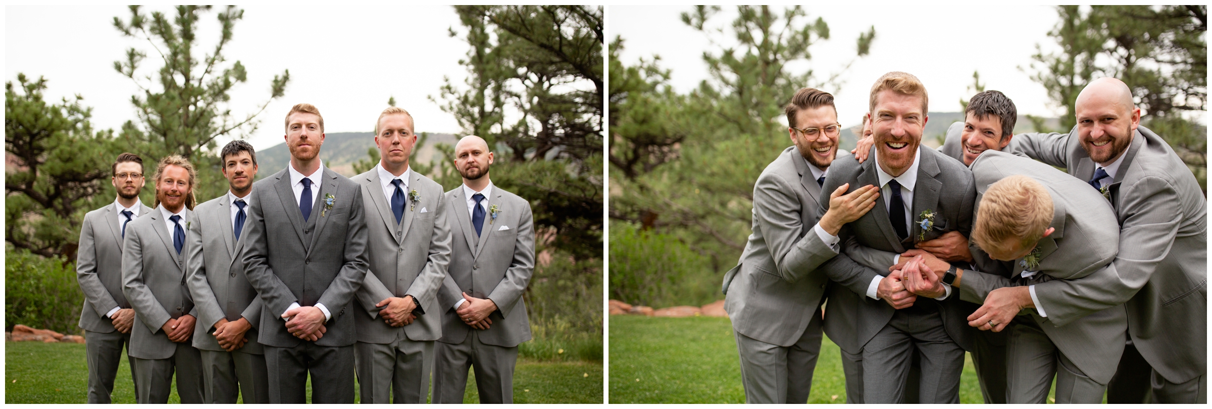 groomsmen bear hugging groom during fun wedding party photos in Colorado 