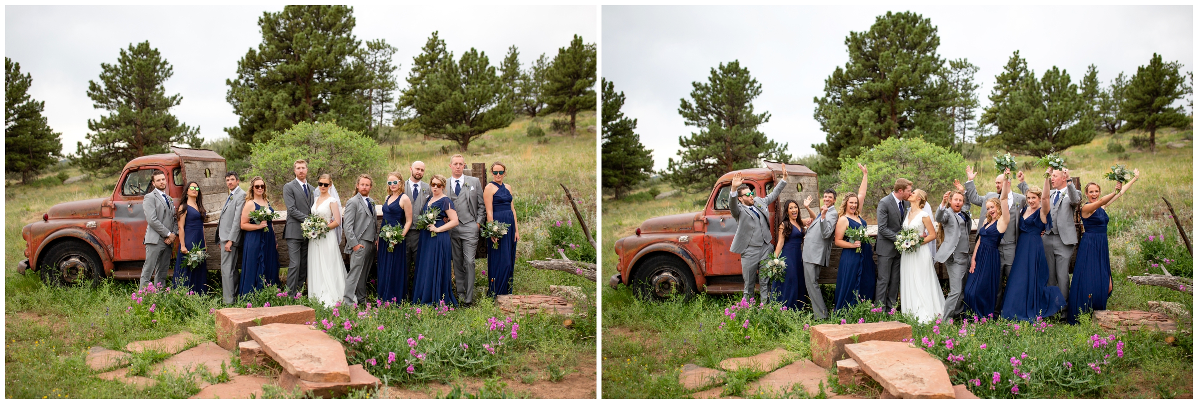 wedding party in gray and navy blue posing in front of vintage truck in Colorado mountains 