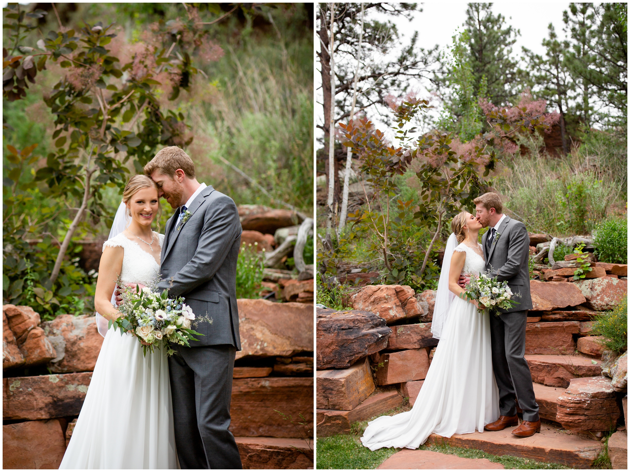 couple posing on stone stairs during wedding portraits at Lionscrest Manor Colorado 