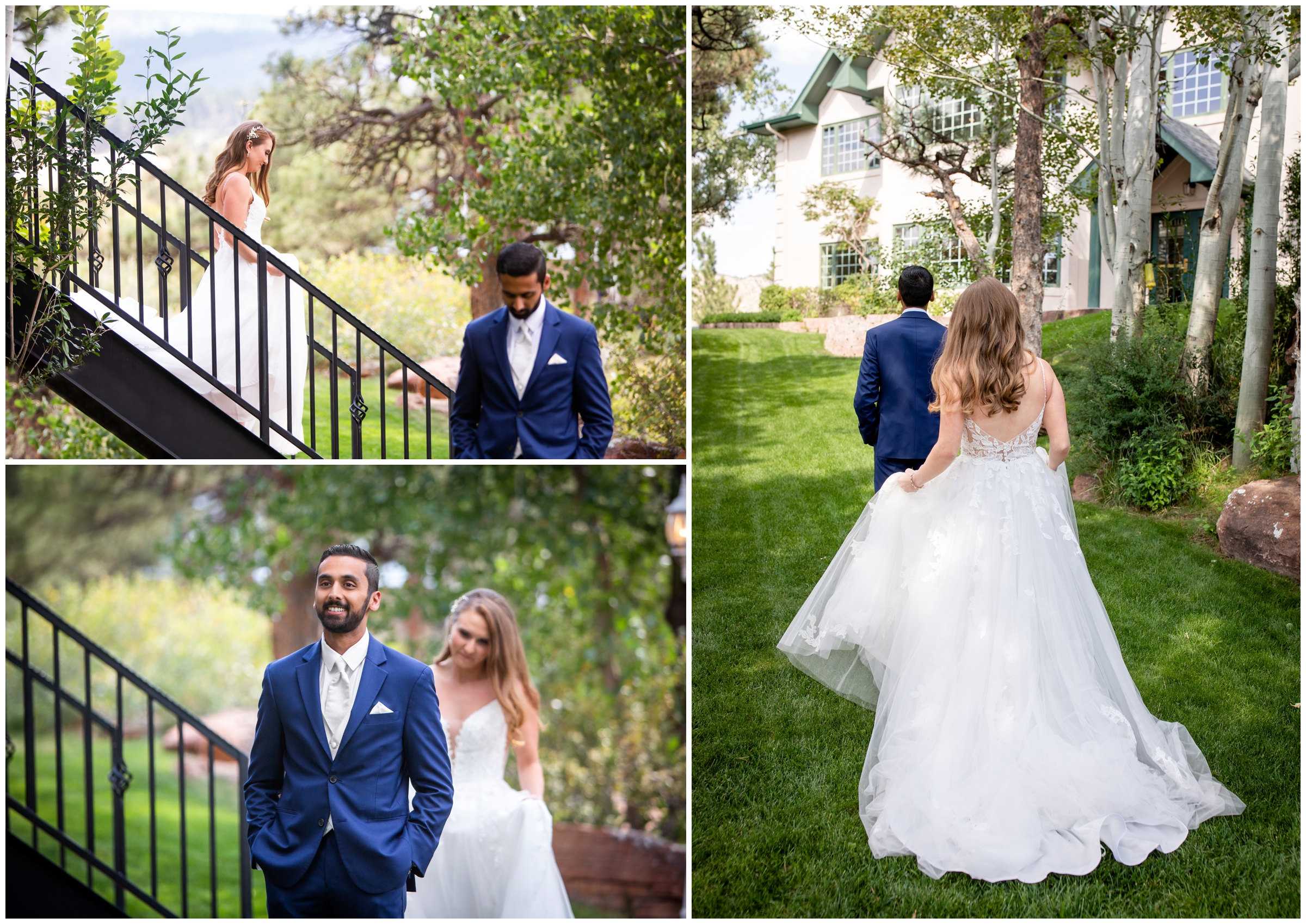 bride and groom first look on the lawn at Lionscrest Manor Colorado wedding 