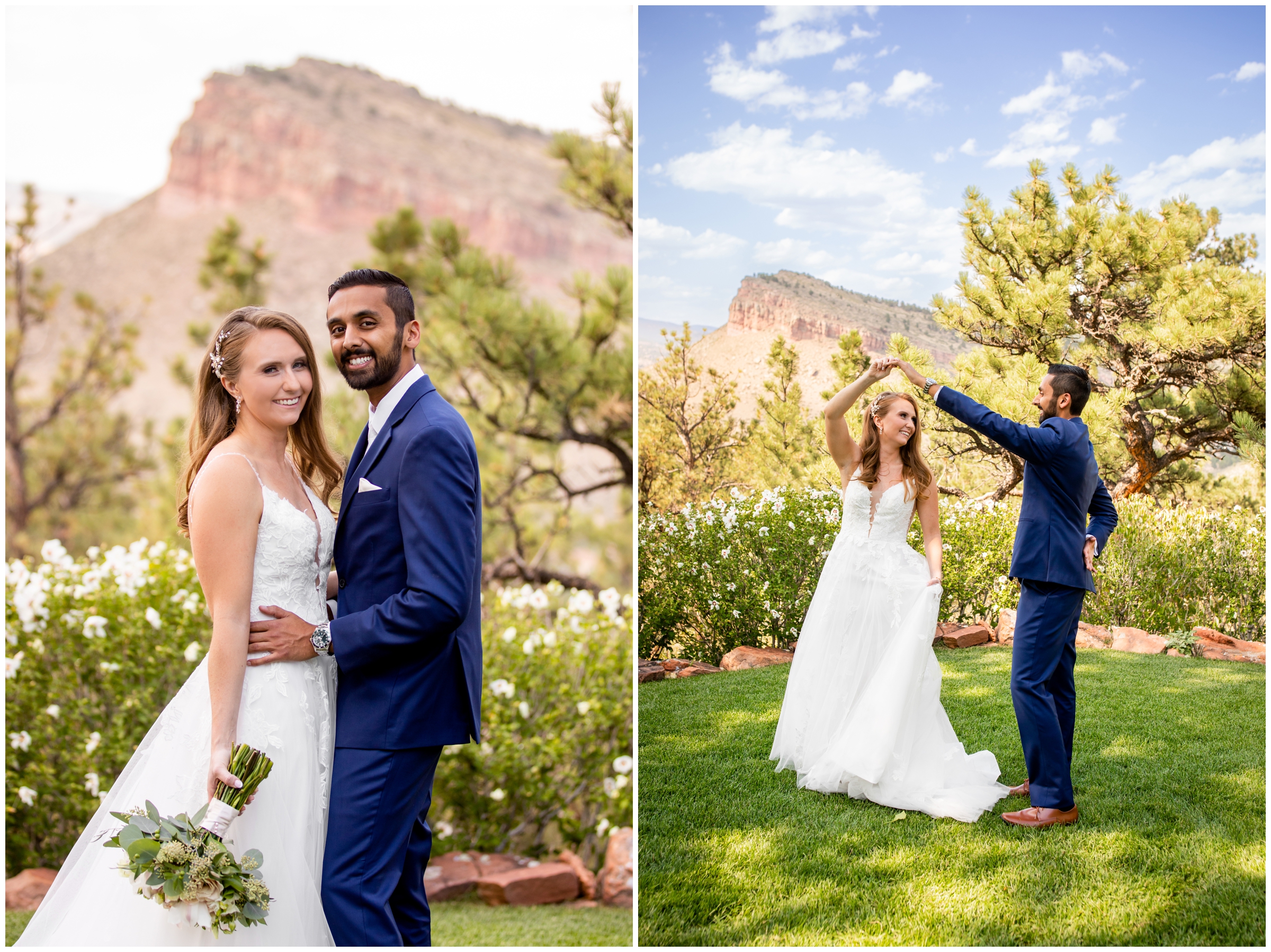 groom spinning bride during Colorado mountain wedding photos at Lionscrest Manor