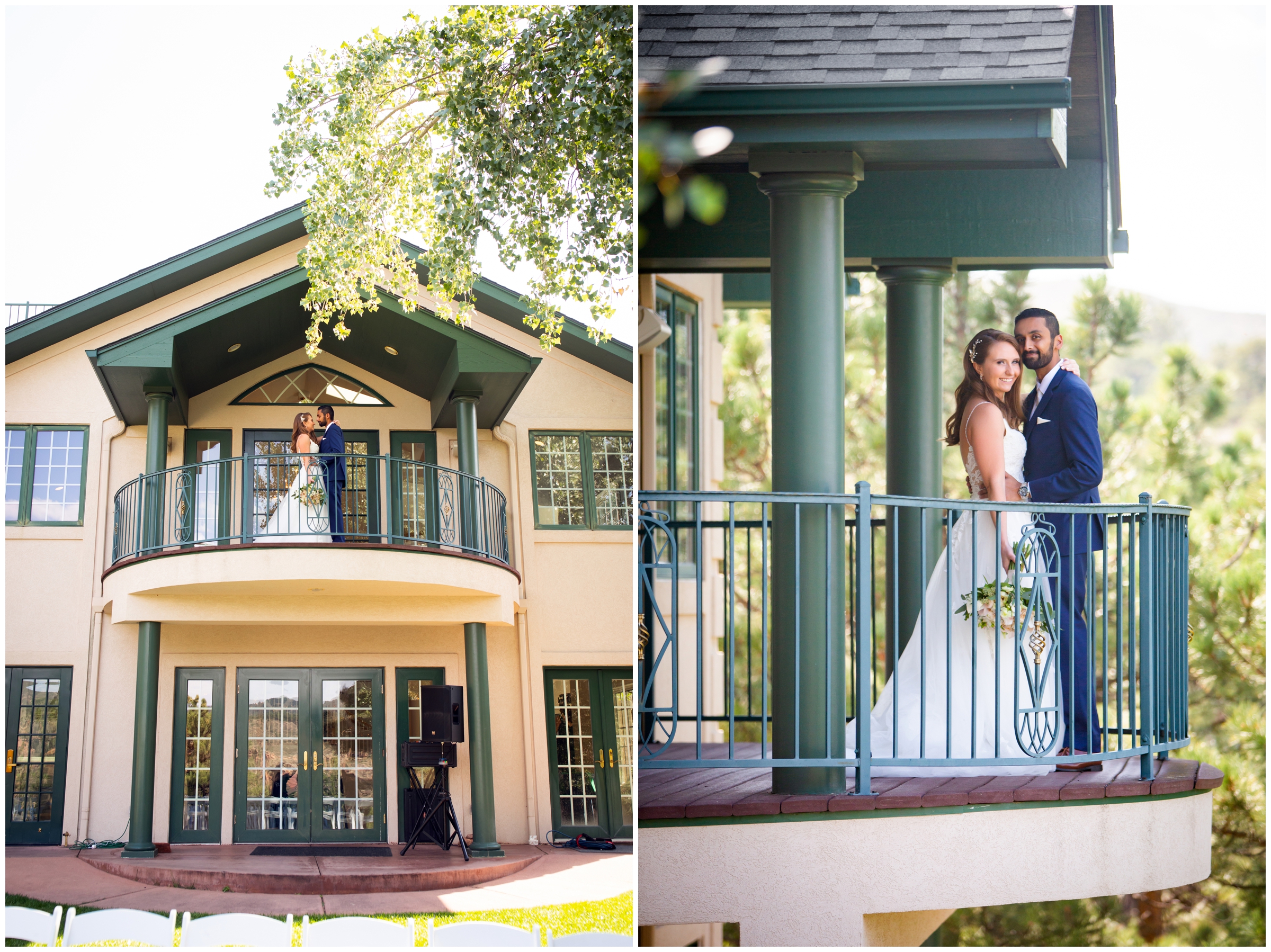 couple posing on balcony during Colorado mansion wedding at Lionscrest Manor