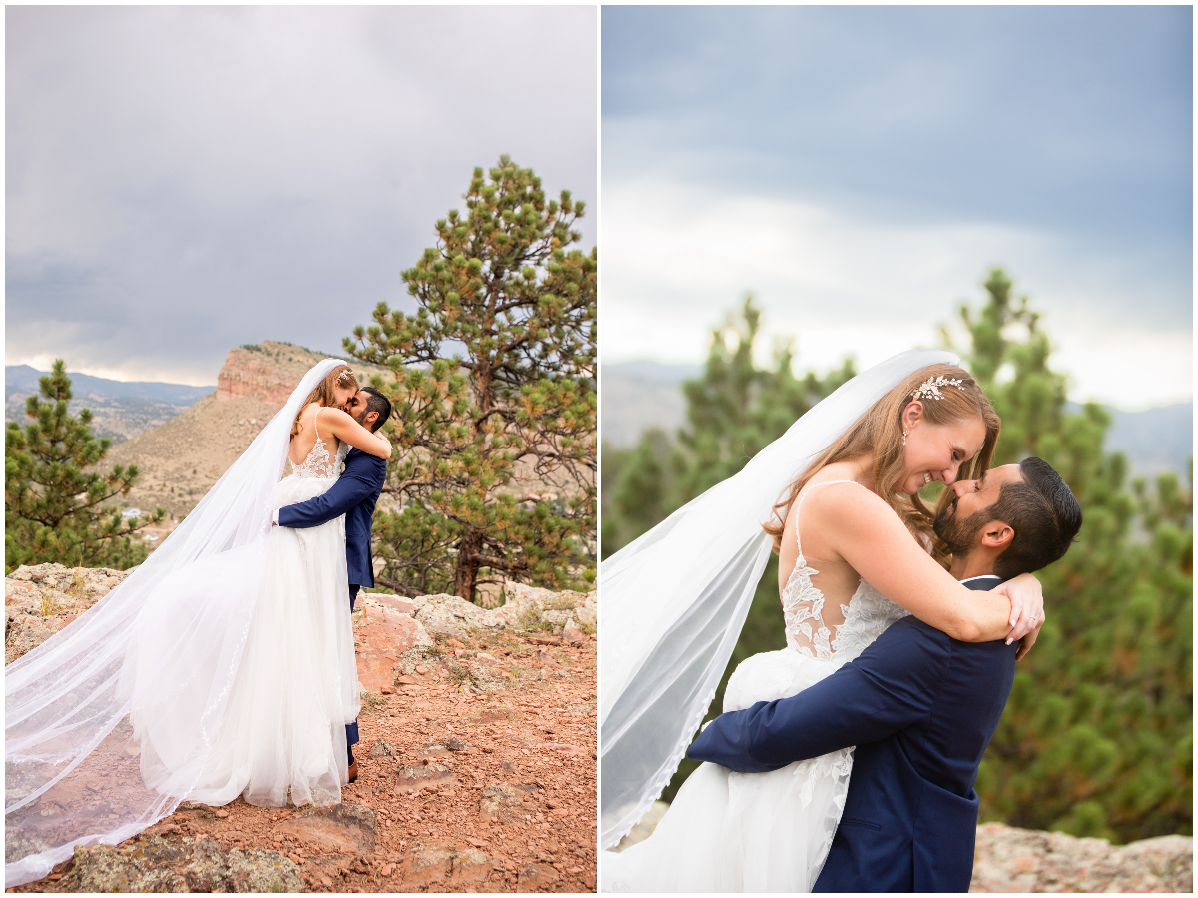 groom lifting bride with mountains in background at Lionscrest Manor Colorado wedding