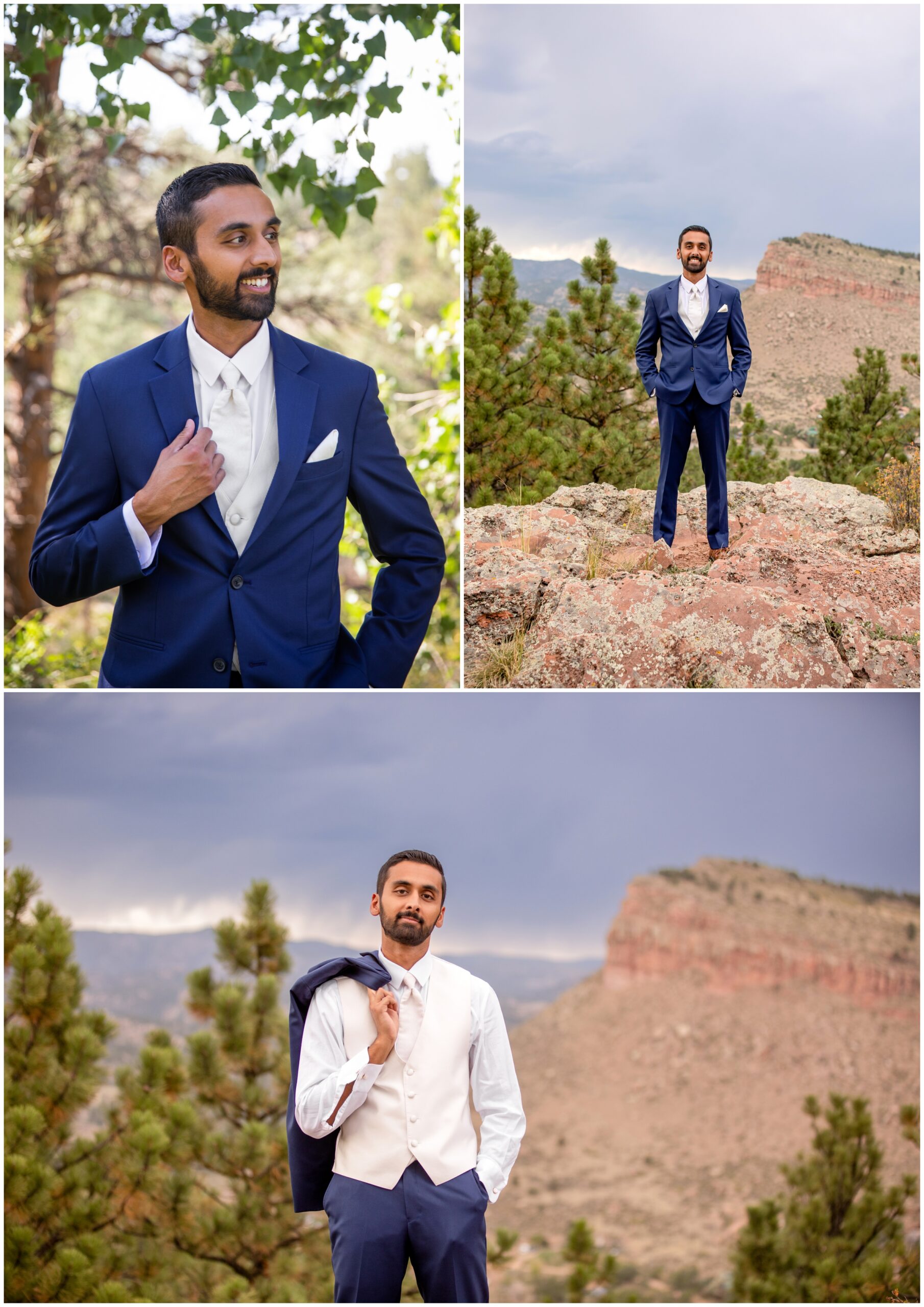 groom in navy blue suit posing on mountain top at Lionscrest Manor Colorado summer wedding 