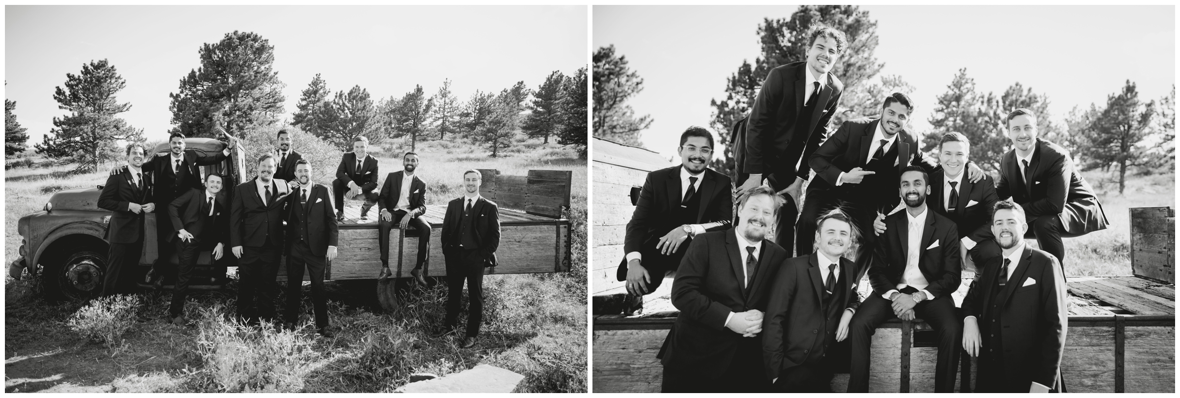 groomsmen posing on vintage truck at Lionscrest Manor Colorado wedding
