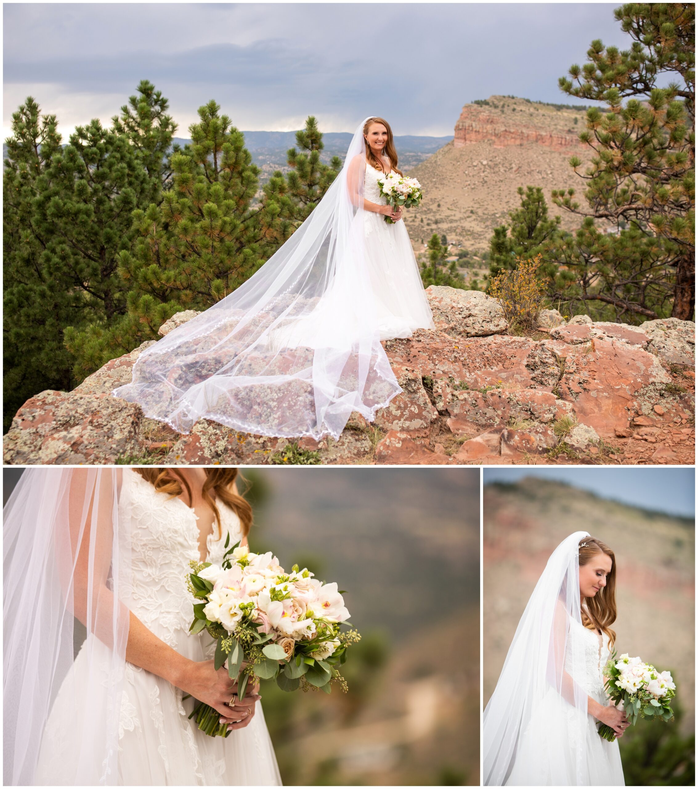 bride with long veil posing on mountaintop during Lionscrest Manor Colorado summer wedding