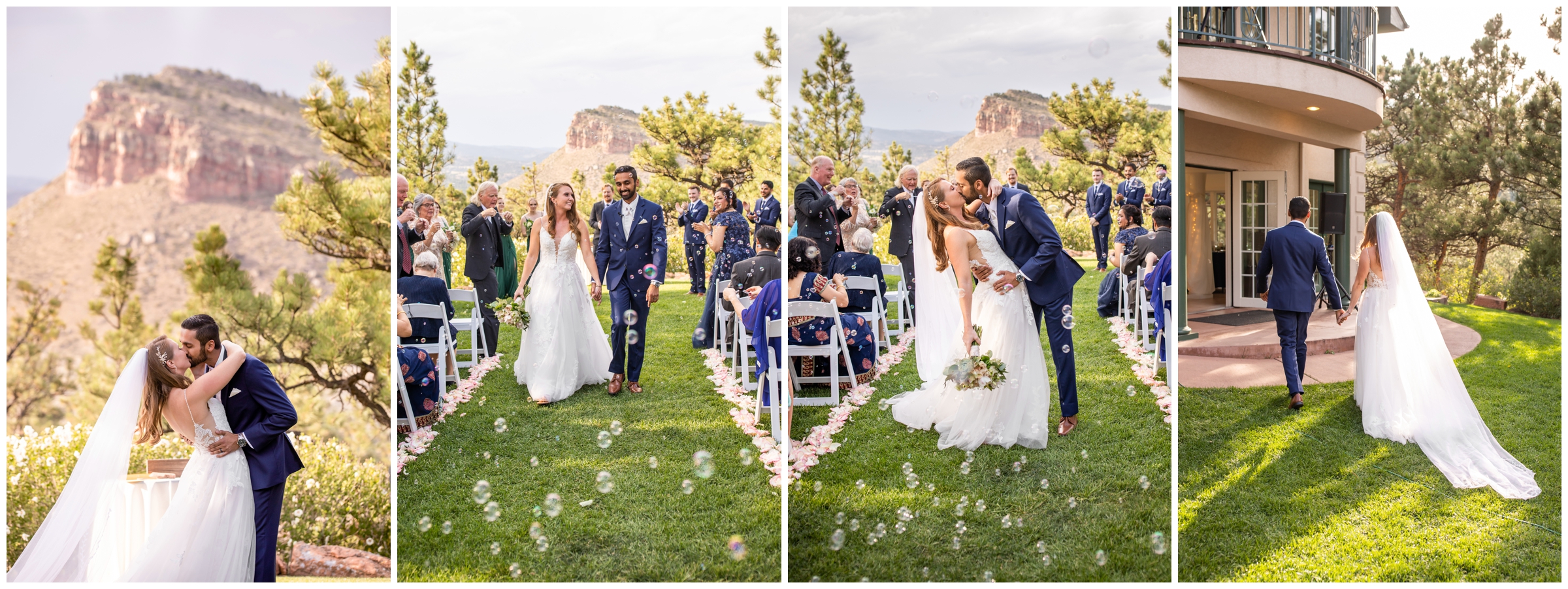 first kiss at Lionscrest Manor outdoor wedding ceremony in Lyons Colorado