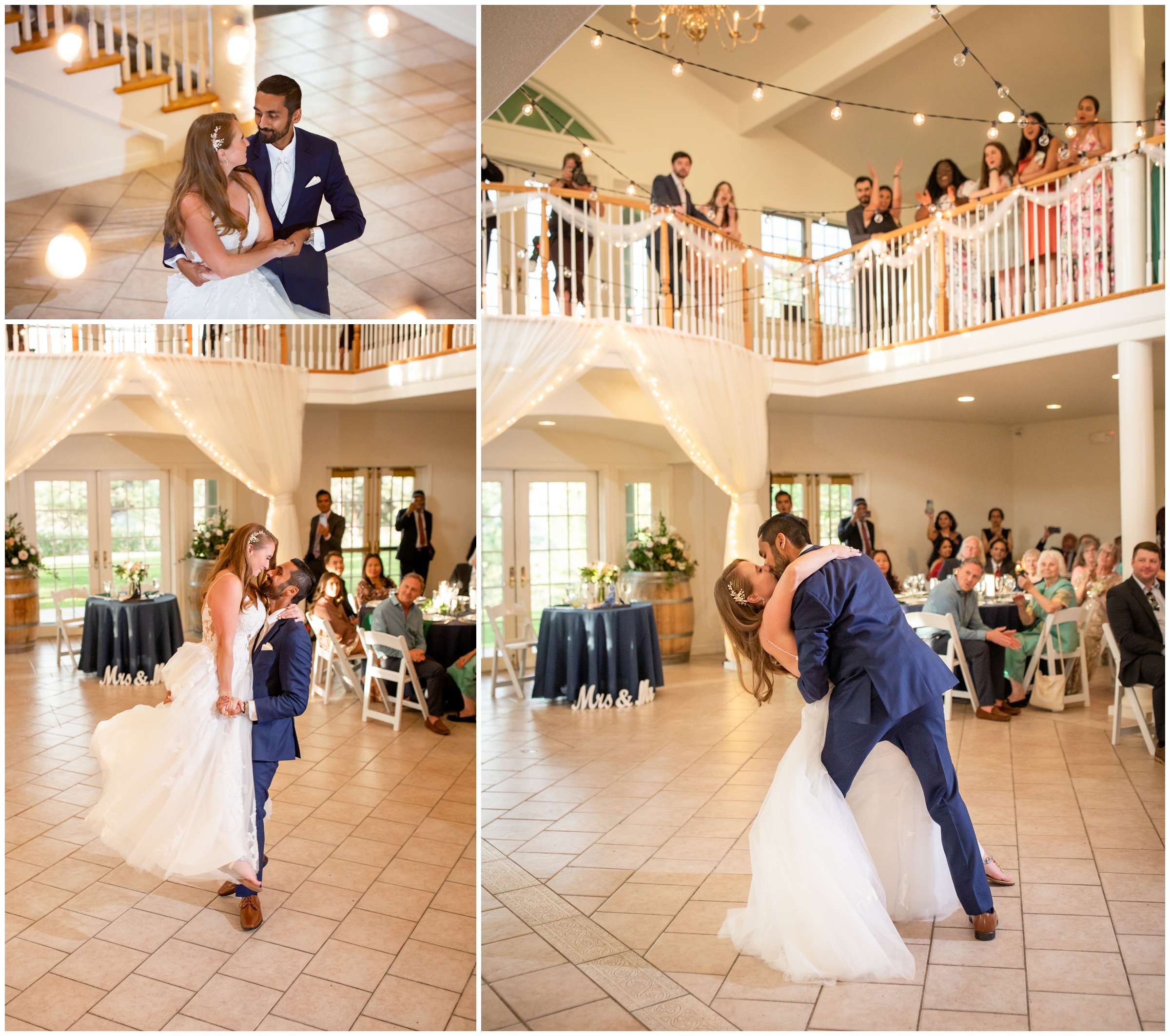 groom lifting and dipping bride during first dance at Lionscrest Manor Colorado wedding reception 