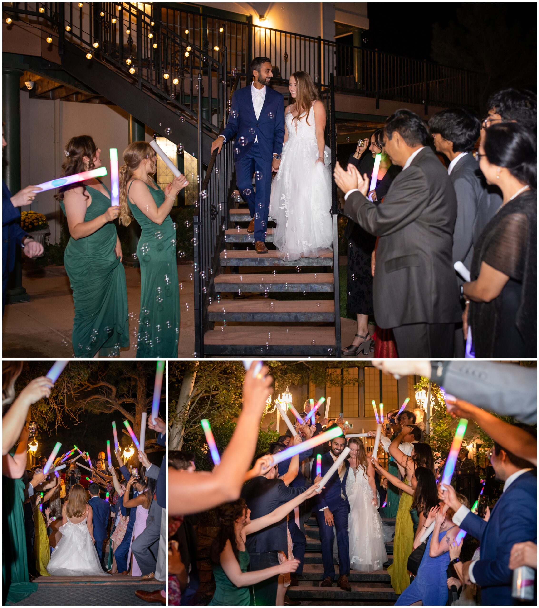 wedding reception exit with bubbles and glow stick foam batons at Lionscrest Manor in Colorado mountains 