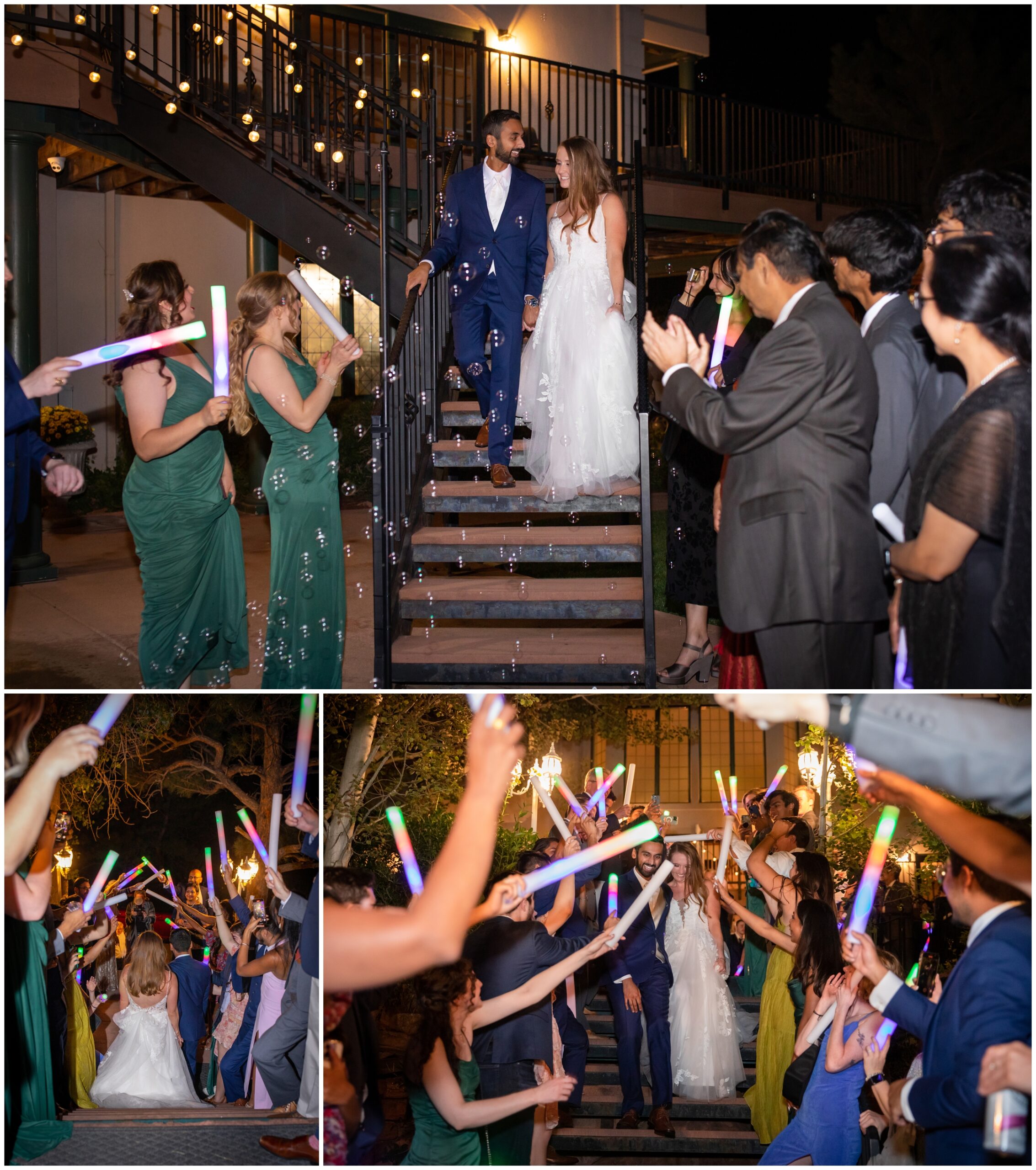 wedding reception exit with bubbles and glow stick foam batons at Lionscrest Manor in Colorado mountains