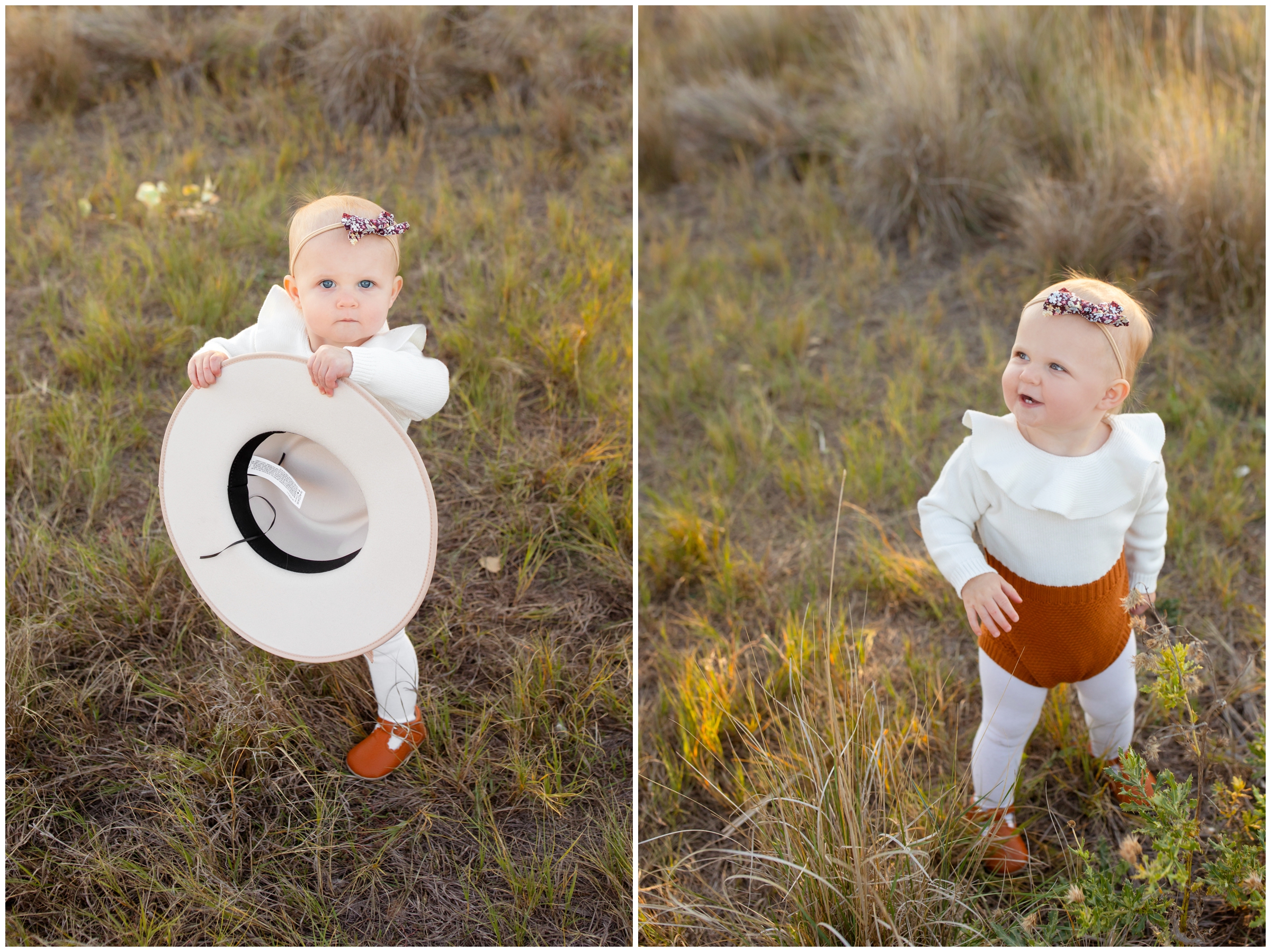 little girl holding mom's hat during candid family photography session in Longmont Colorado 