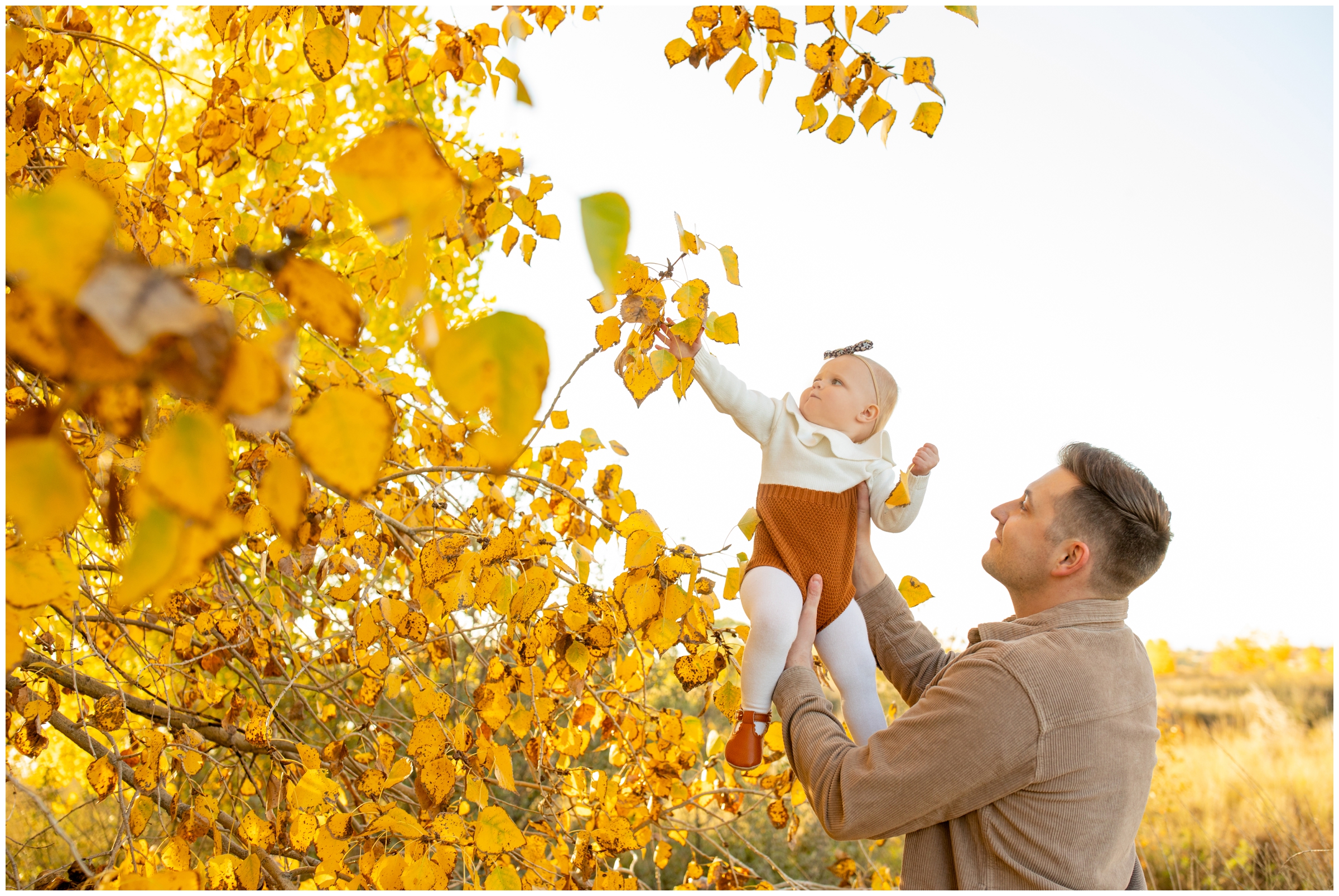 dad lifting daughter to touch colorful fall tree at Longmont open space park during photo session 