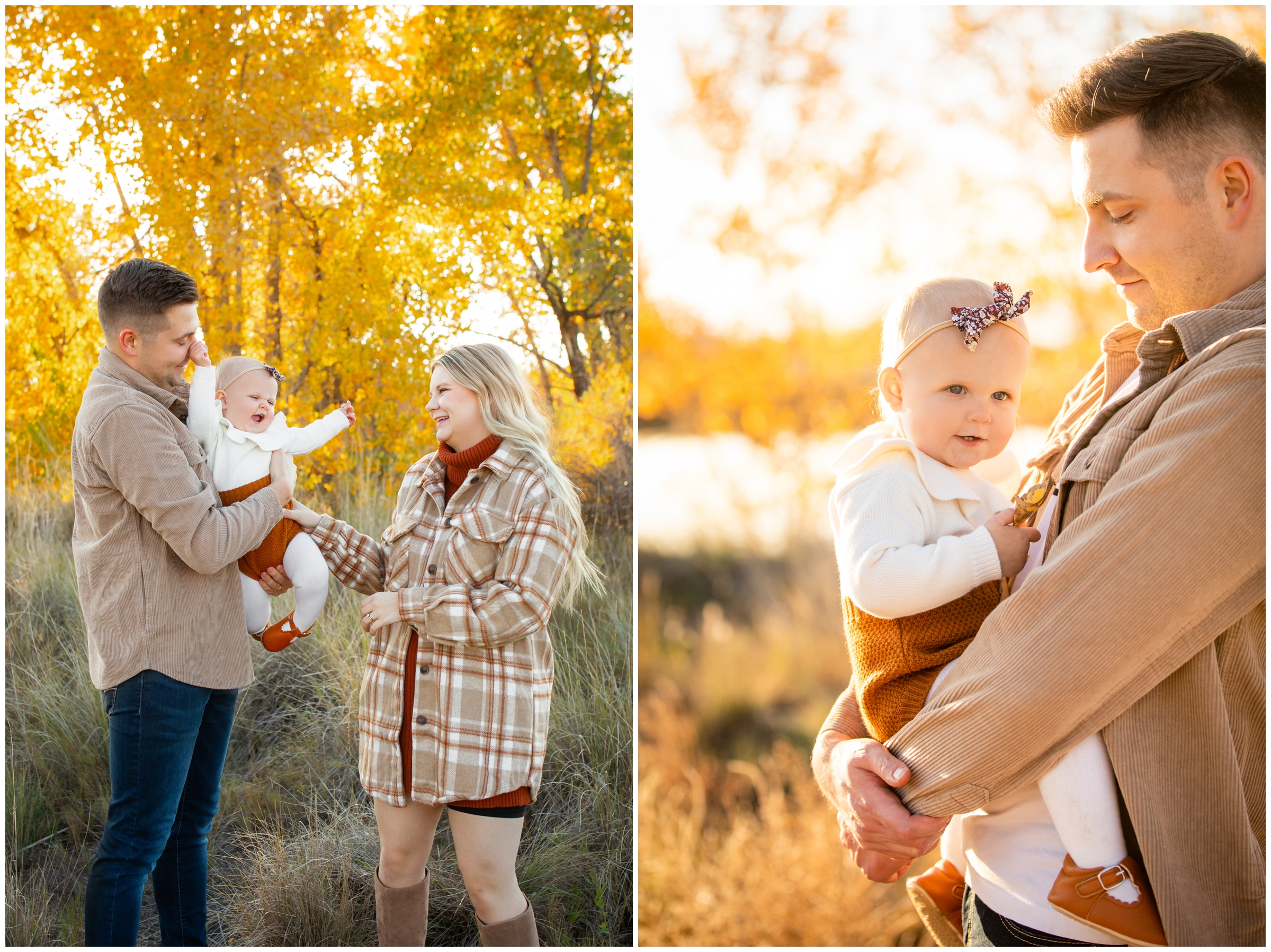 baby and dad posing in front of colorful fall foliage at Idaho Creek Park in Longmont 