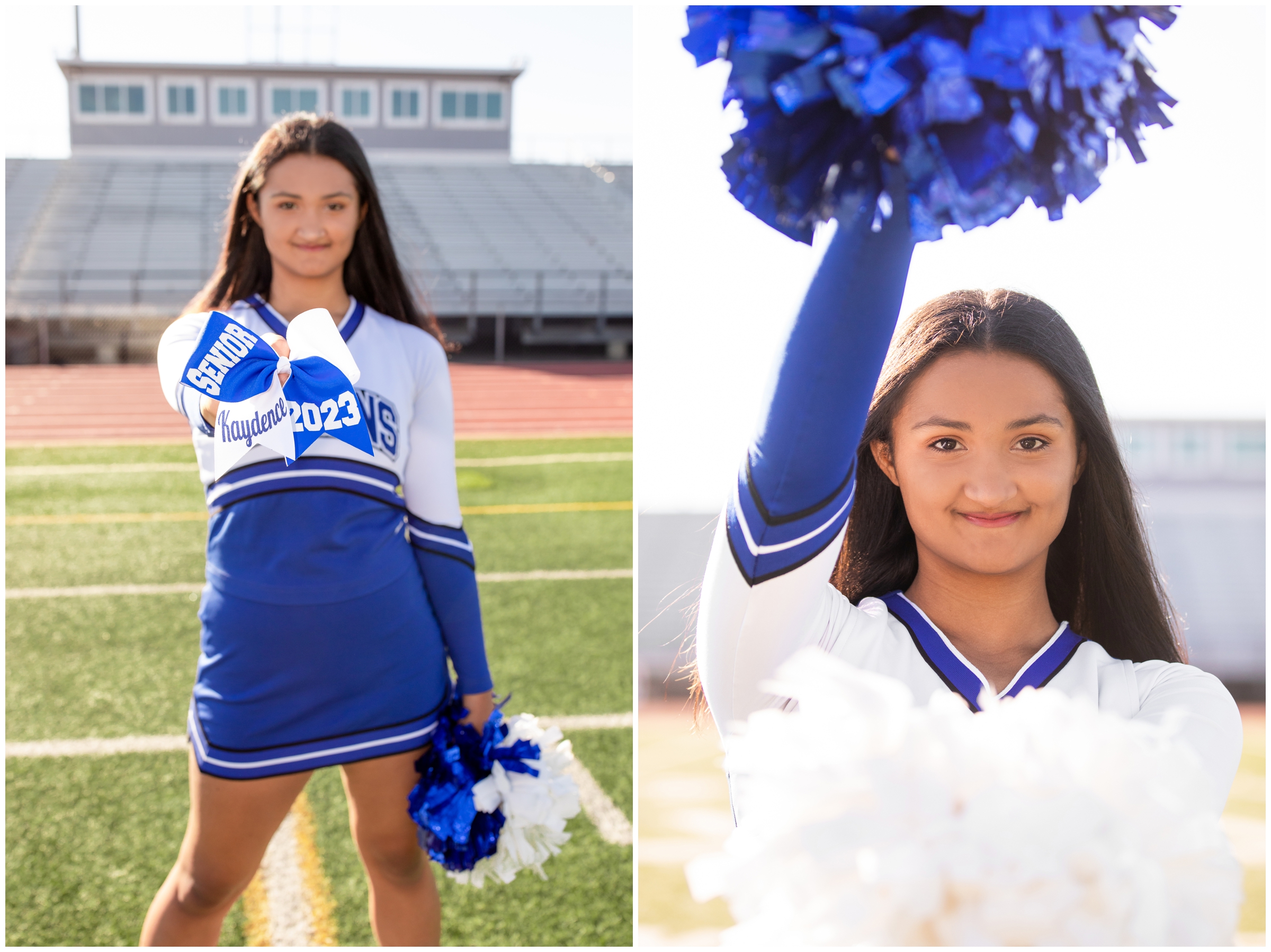 teen waving pom poms during cheerleading senior portraits at Longmont High School in Colorado 