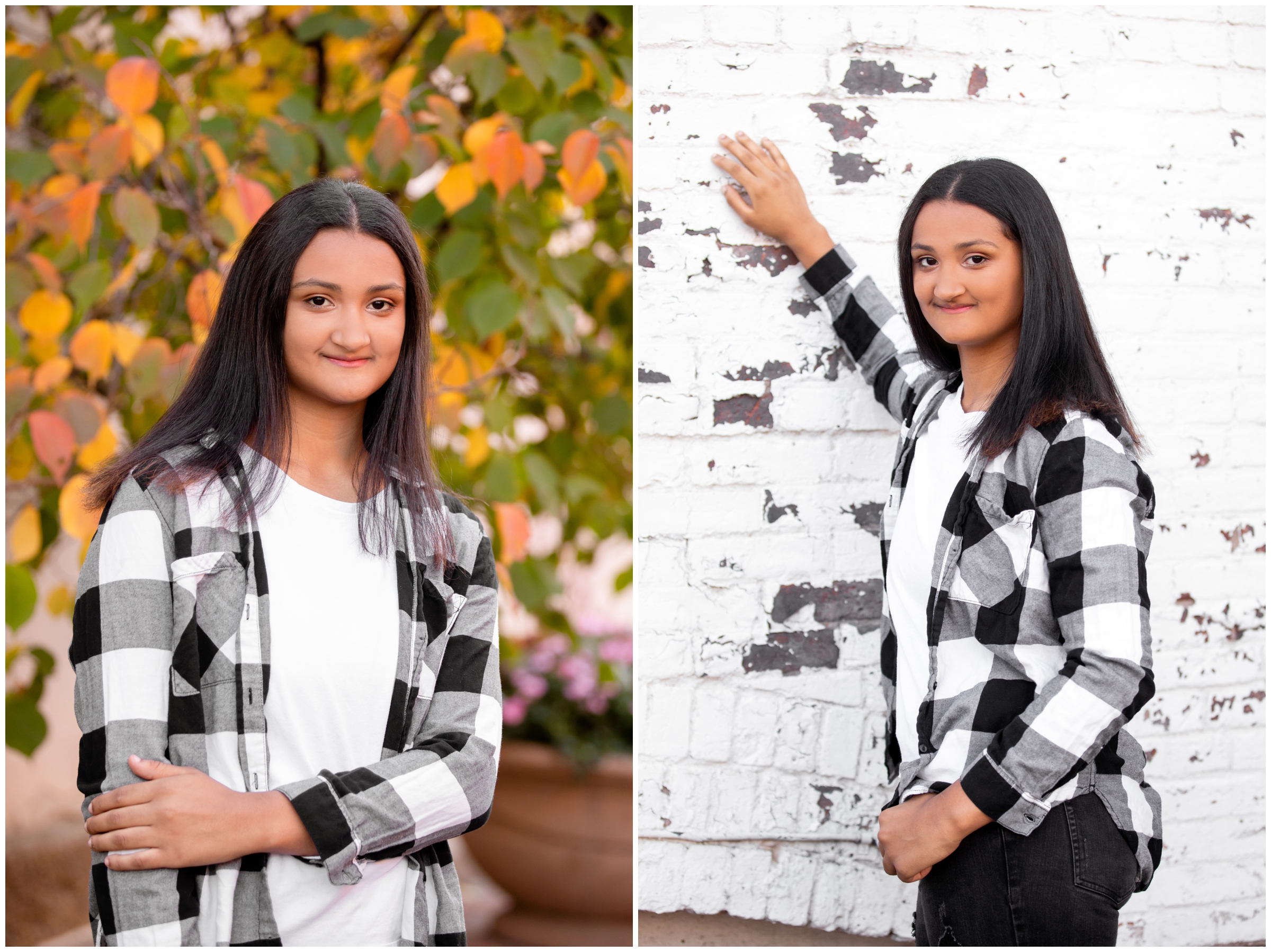 teen leaning against a white brick wall during urban senior photography session in Longmont Colorado 