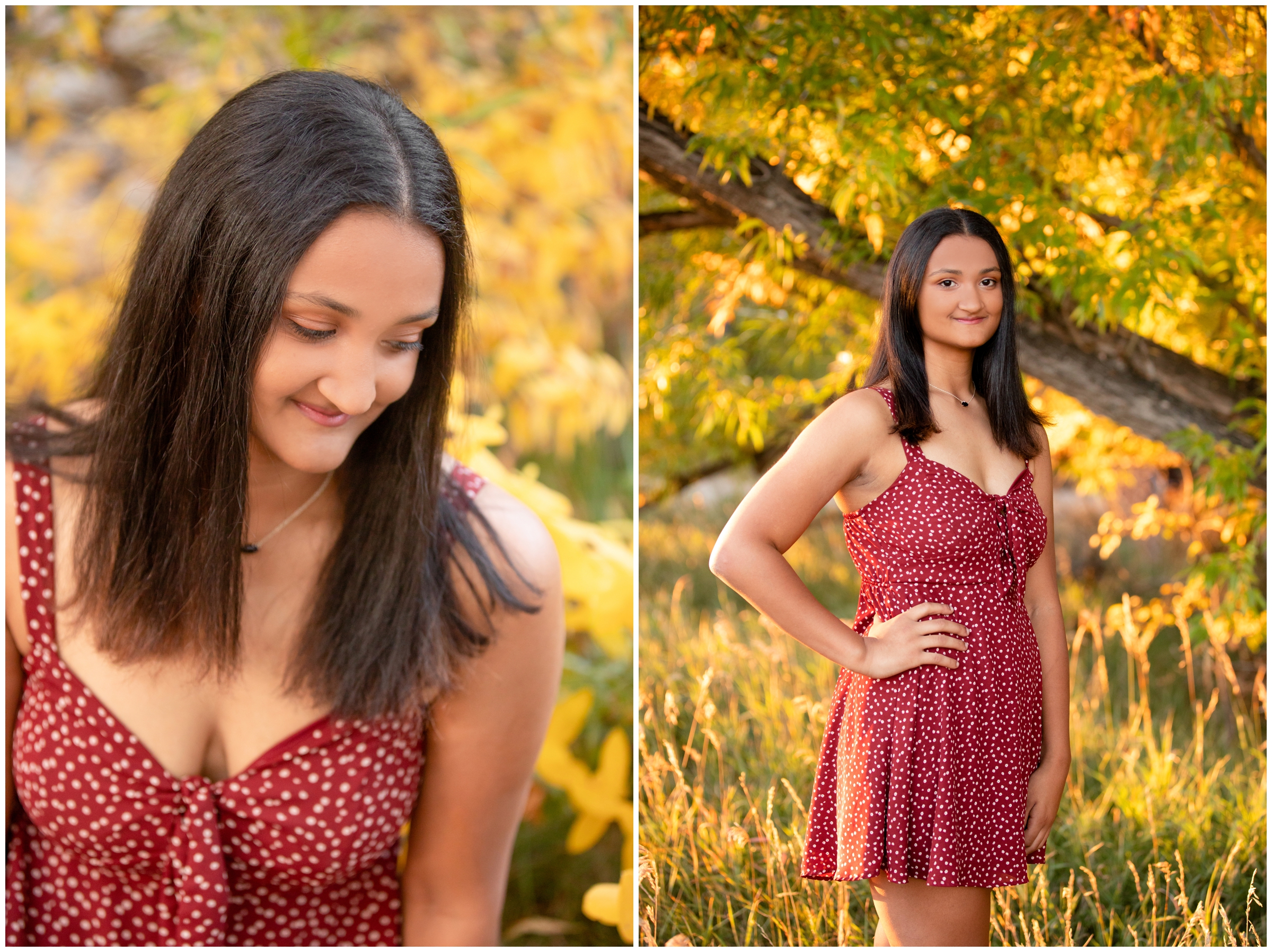 teen posing in front of colorful fall foliage during  Colorado graduation photography session 