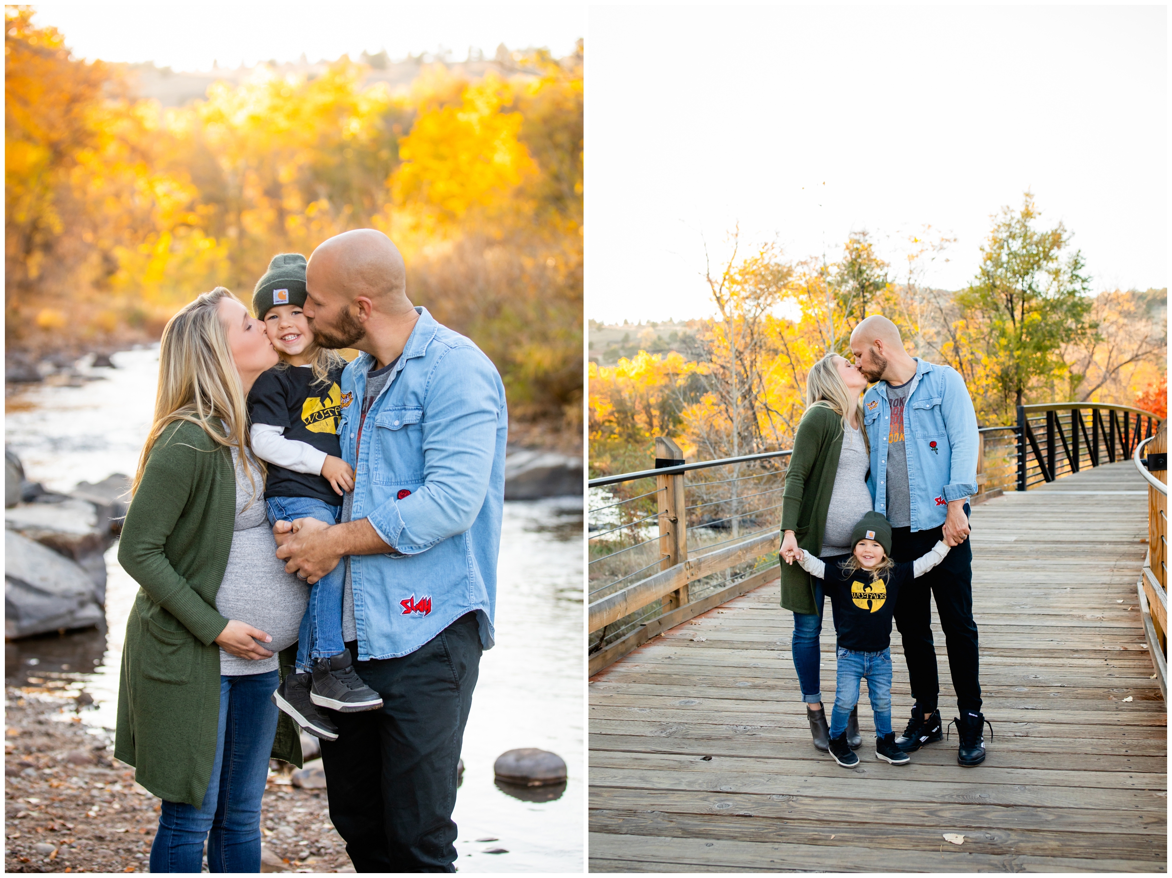 family posing on wooden bridge at Bohn Park during fall family photography session in northern Colorado 