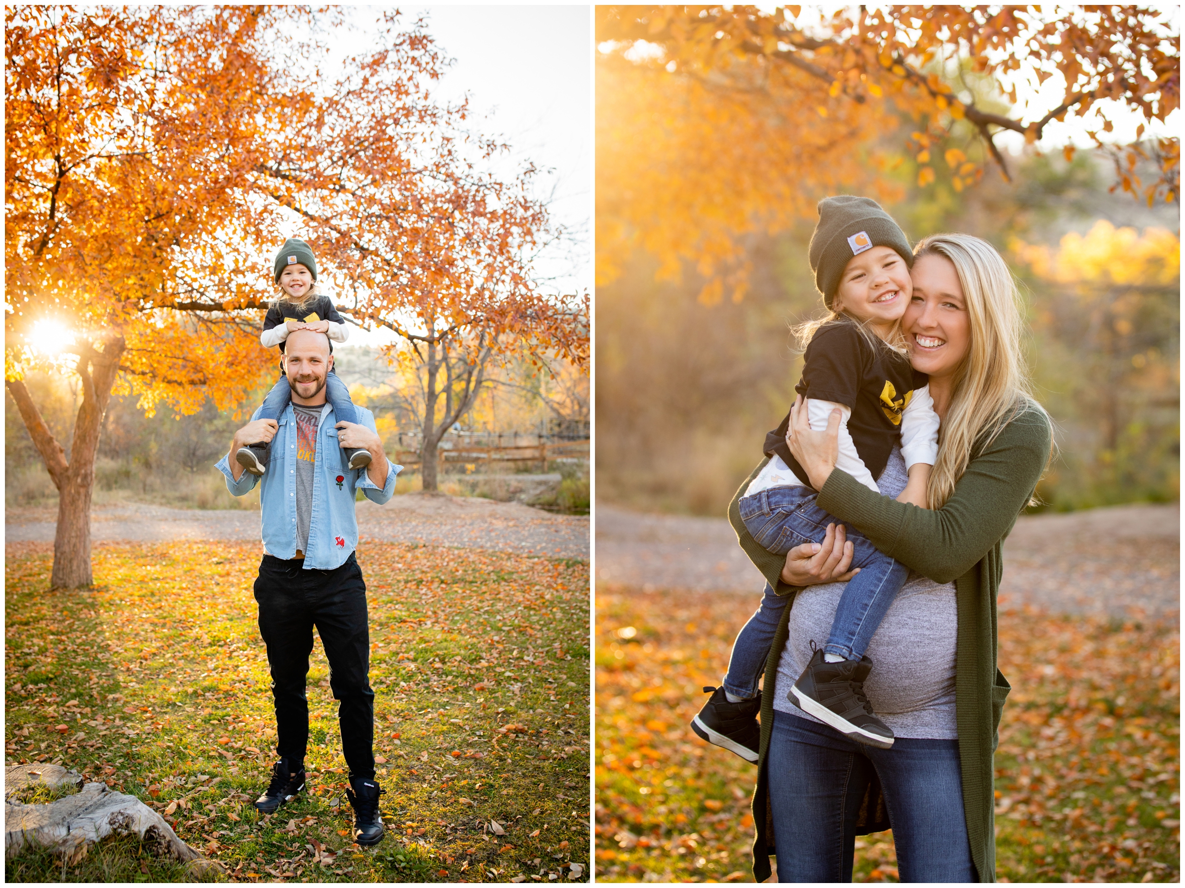little boy on dad's shoulders during fall photography session at Bohn Park Colorado 