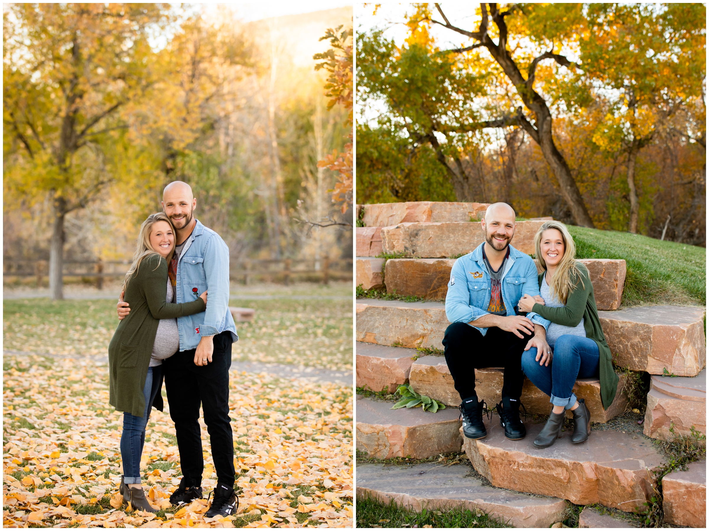 couple posing in colorful fall foliage during Colorado mountain maternity photos by Plum Pretty Photography 