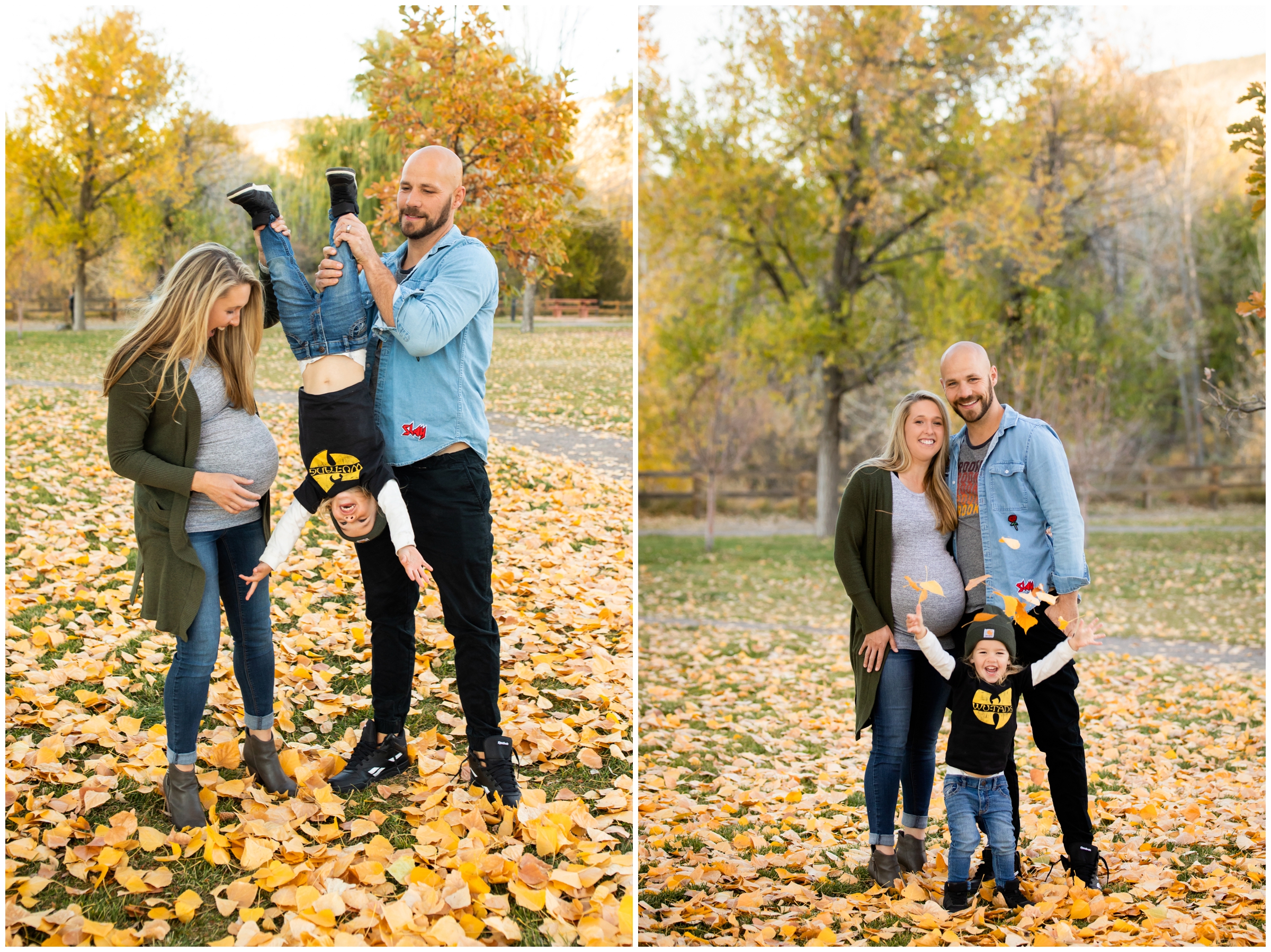 parents holding son upside down during candid family pictures in Lyons Colorado 