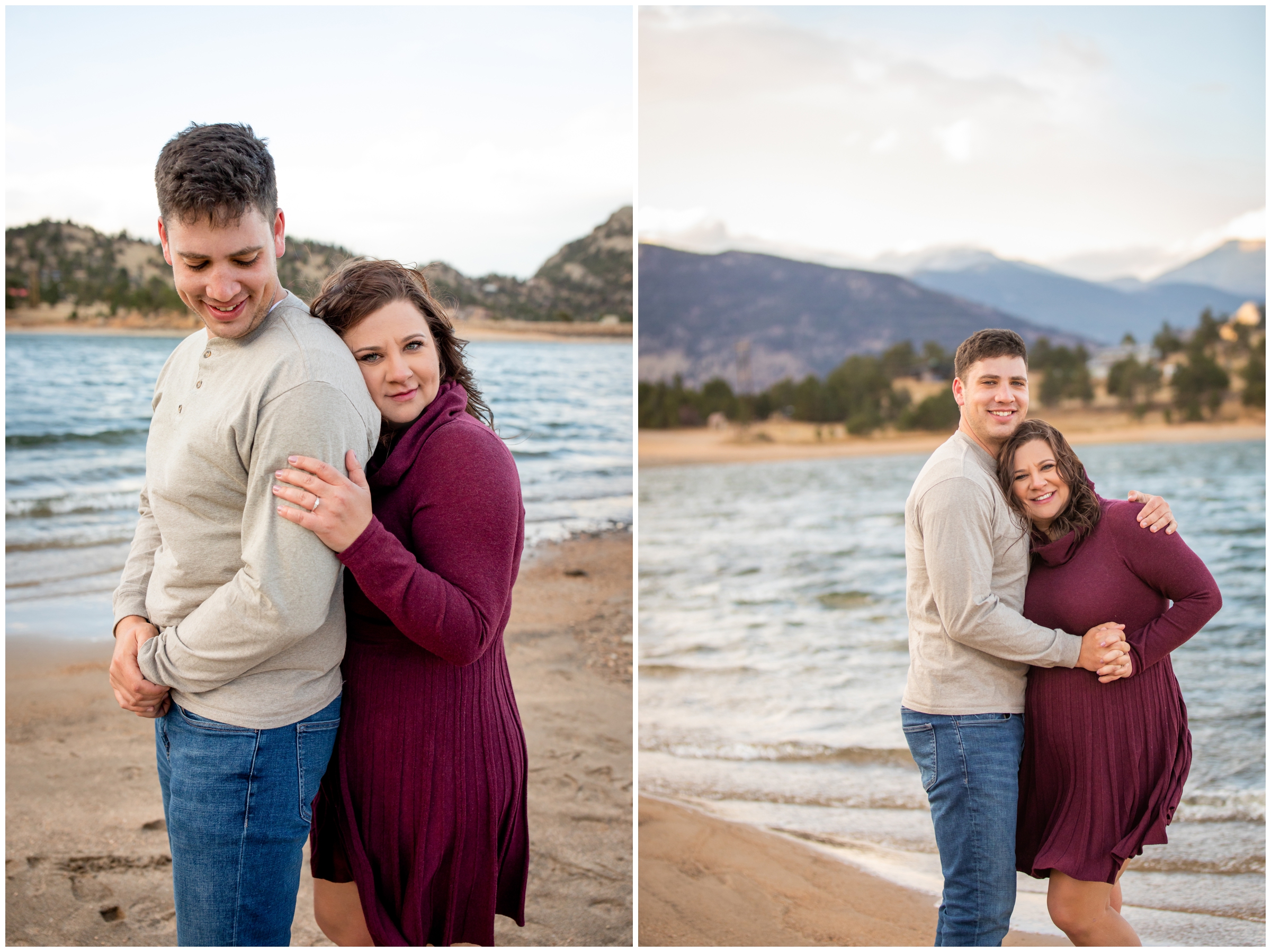 couple cuddling next to Marys Lake in Estes Park during chilly fall engagement pictures 