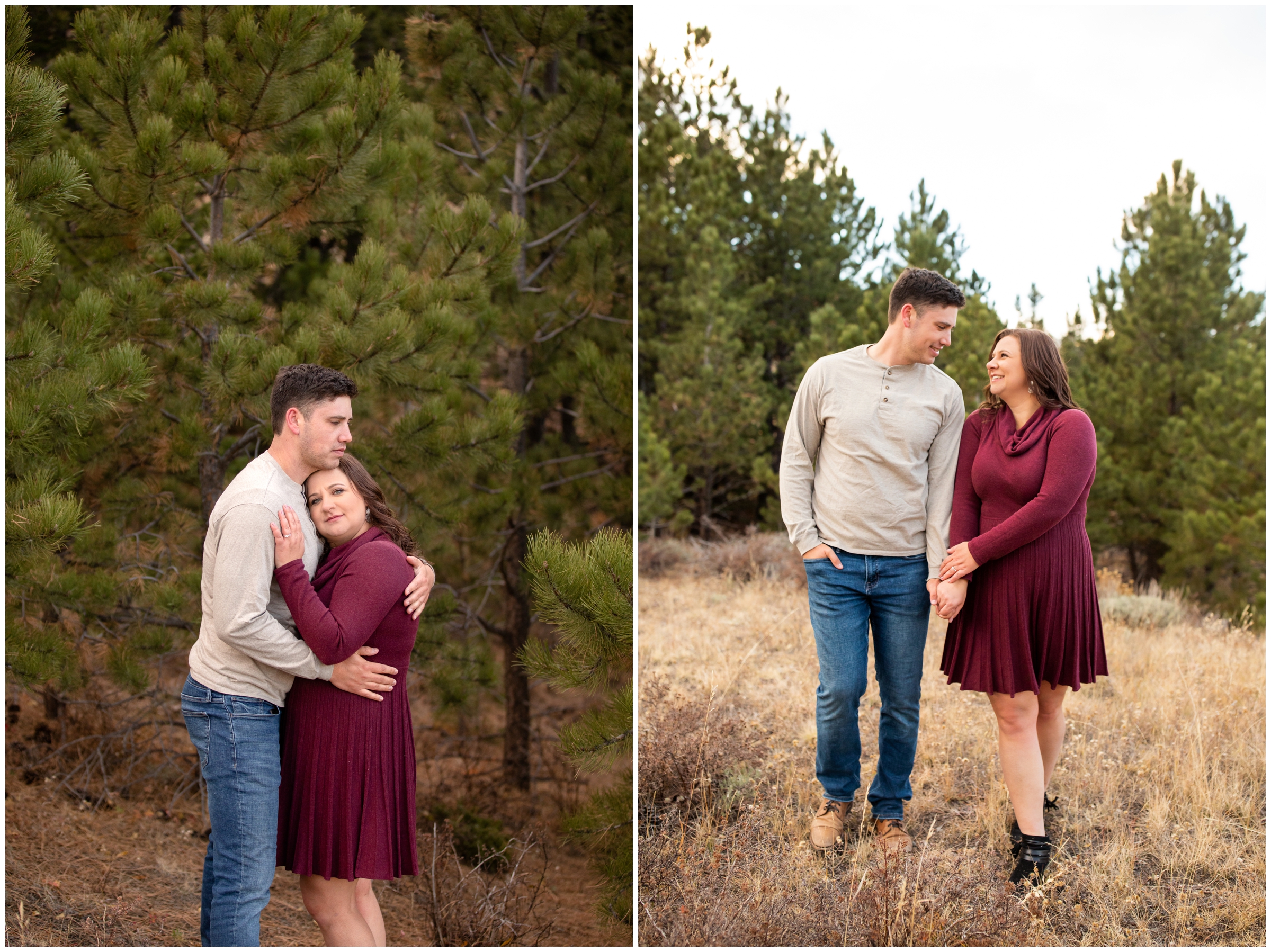 couple cuddling in front of pine trees during candid engagement pictures near Marys Lake in Estes Park 