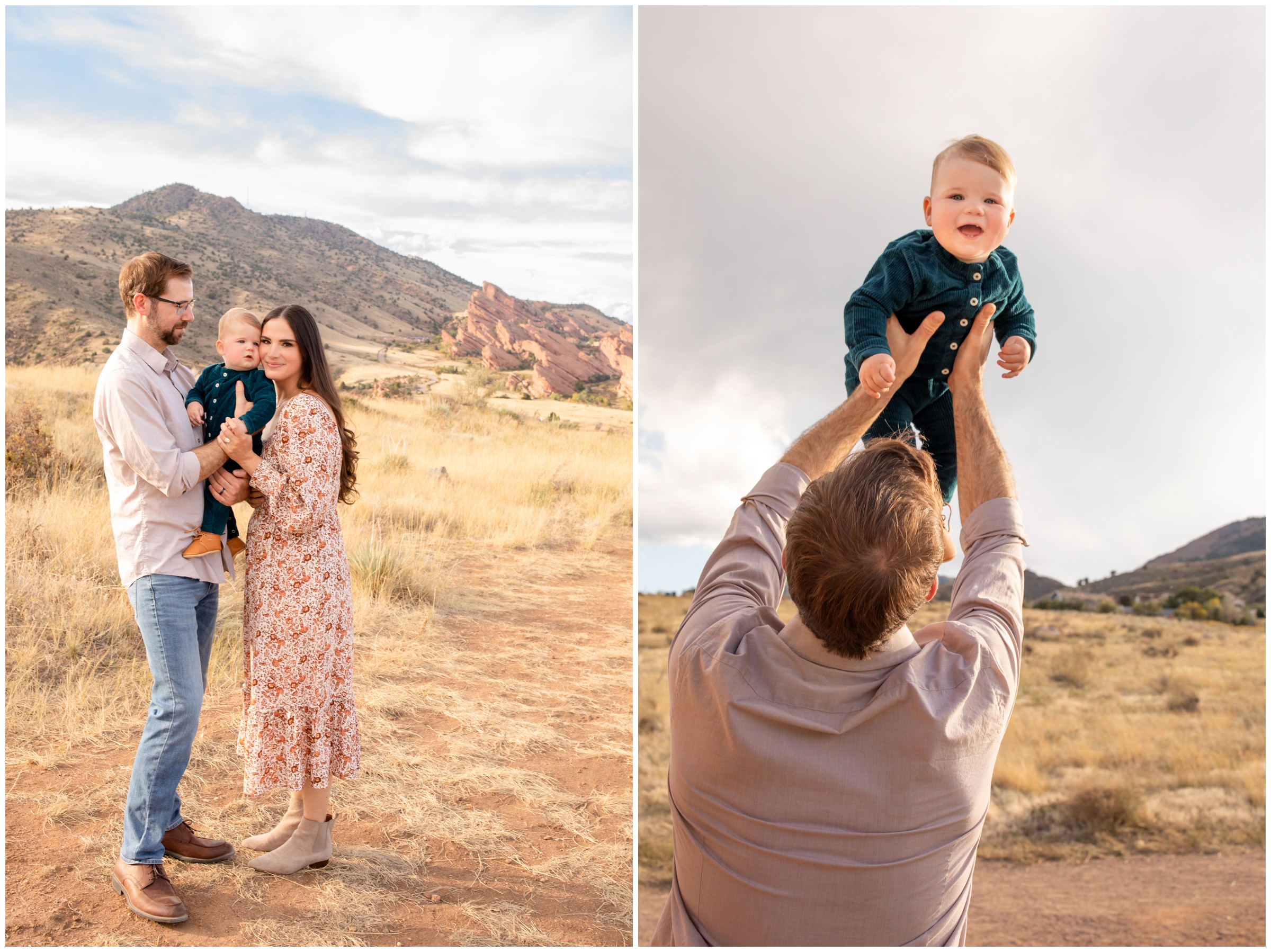dad lifting son into the air during during candid family pictures at Mount Falcon East in Morrison Colorado 