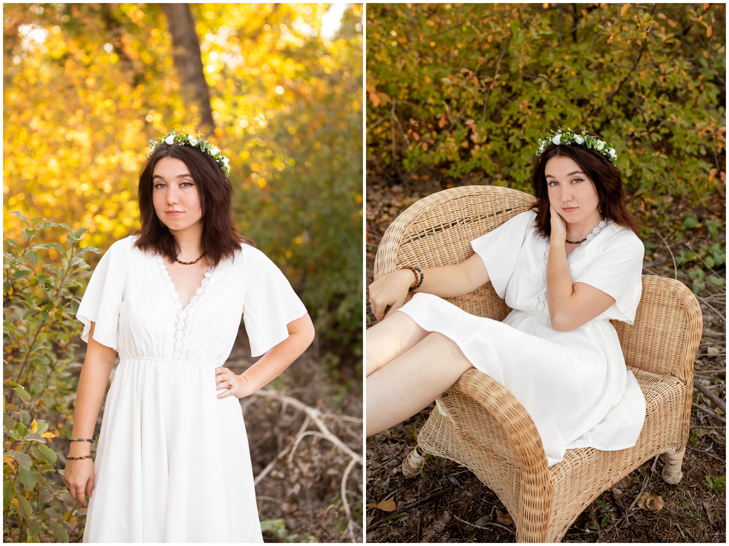 teen in a floral crown sitting on wicker chair during boho senior pictures in Longmont Colorado 
